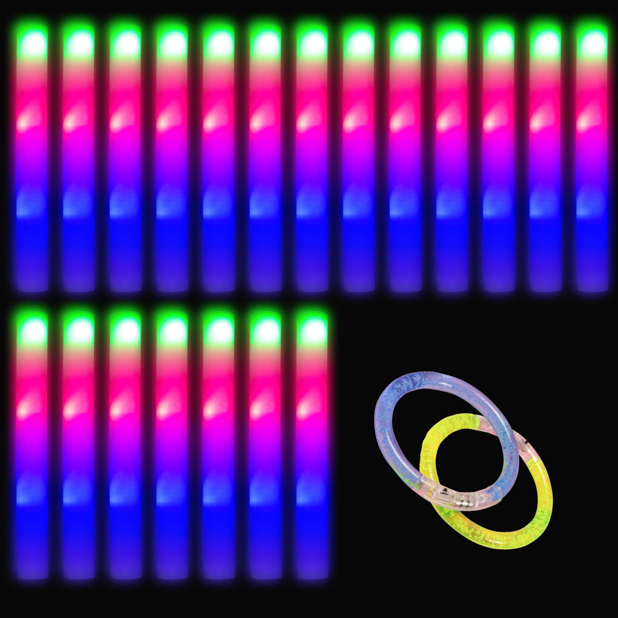 20pcs Glow sticks bulk party, Glow Sticks bulk pack, Glow sticks for parties, concerts and weddings, 3 colorful sticks flashing models, LED Foam Glow Sticks with 2 BRACELETS