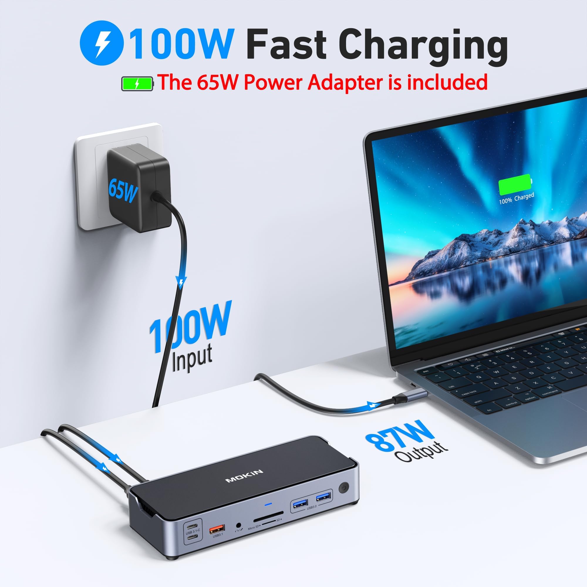 MOKiN - Docking station per laptop 8K USB C, 3 monitor con 2 DisplayPort, HDMI, 15 in 1, docking station USB C, 100 W, 6 porte USB, Ethernet, SD e TF, per Dell/HP/MacBook (include adattatore di
