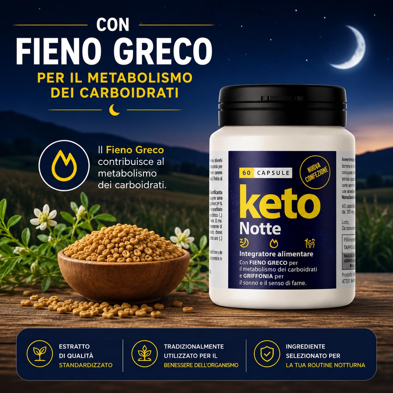 Keto Notte Integratore Alimentare Notturno 120 Capsule da 500mg | Supporto Dieta e Benessere Notturno, Con Griffonia, Con Matè, Con Trifoglio Rosso