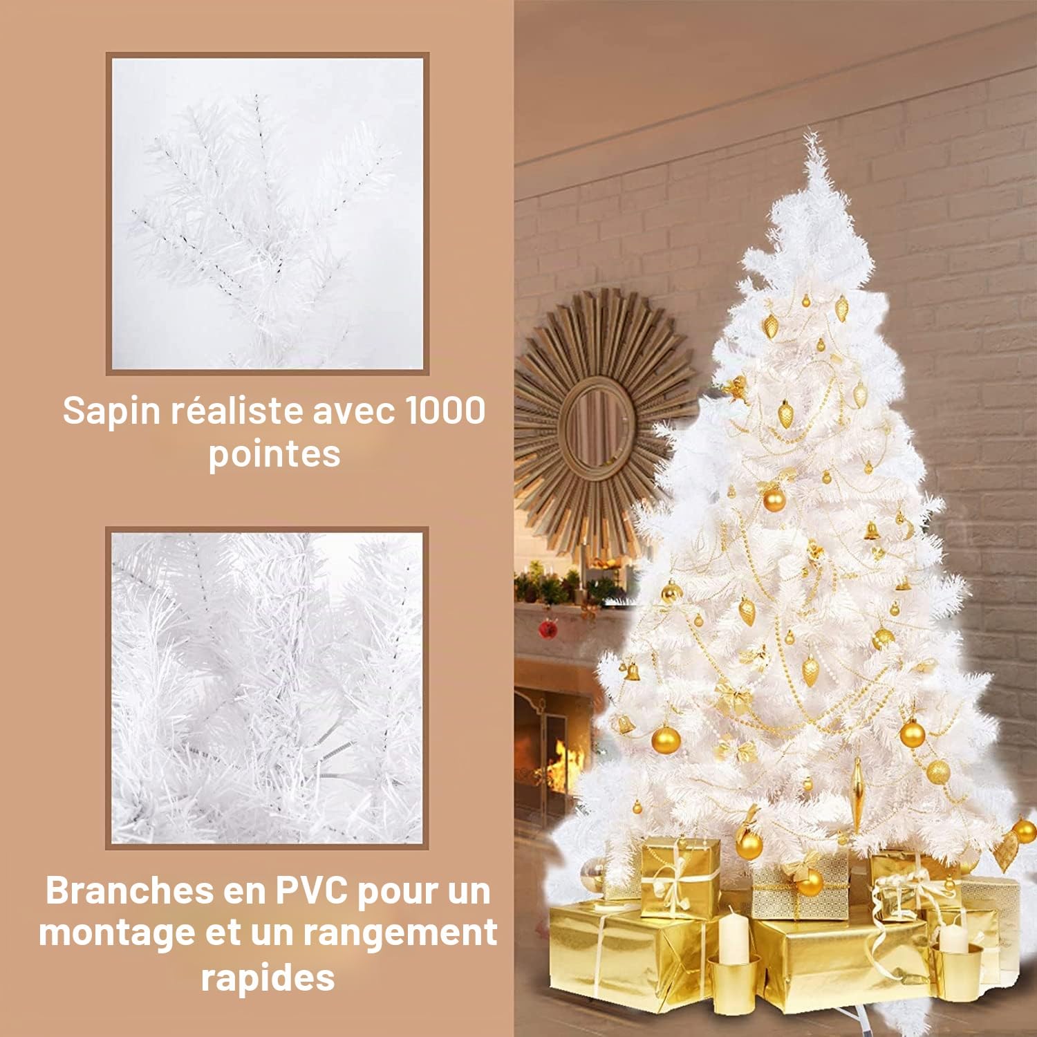 Uten Sapin de Noël Blanc Artificiel 210cm Arbre de Noël Décoration Fêtes de Noël avec Support en Métal 1000 Branches