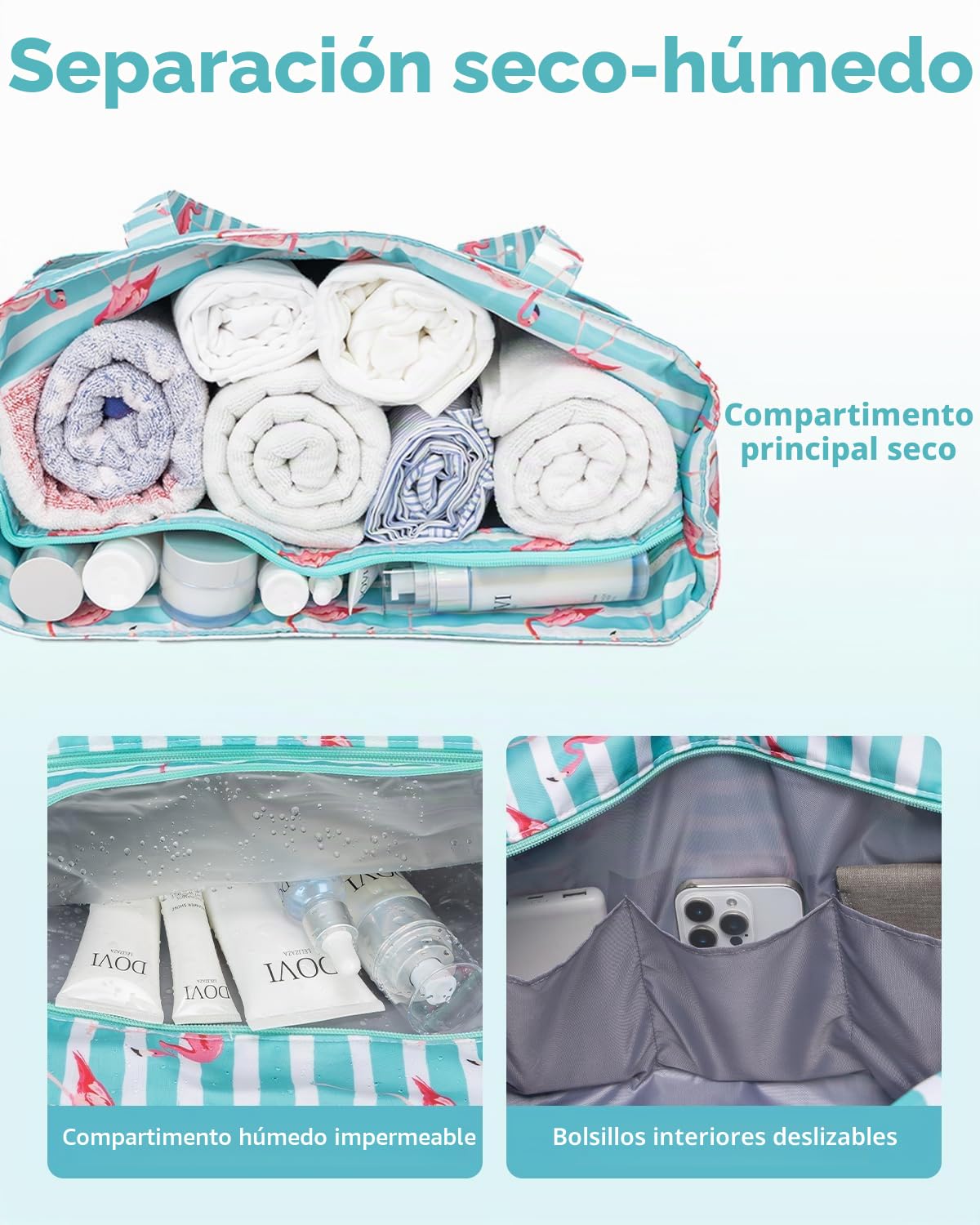 KABAQOO Bolsa de Playa XXL Familiar con Cremallera y Compartimento Impermeable, Bolsa Piscina Mujer Bolso de Mano Shopper Grande Plegable y Ligero para Viajes y Natación, Flamenco verde y blanco