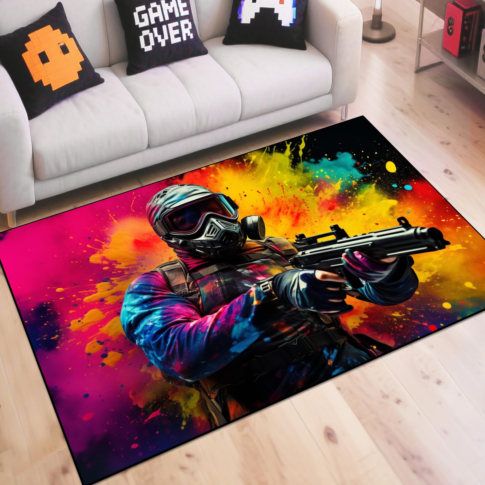 Shooting Gaming Area Rug Teen Boys Carpet, Battle Game Rug and Colorful Bomb Background War Design for Game Room, Gaming Room, Boys Girls Bedroom