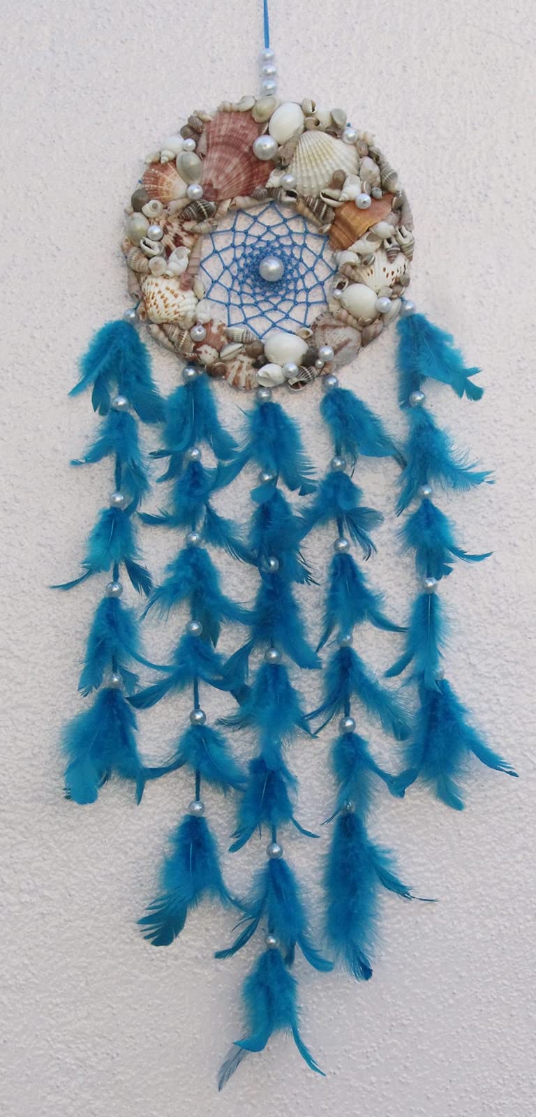Yuvicreations, Round Shape, sea Shell Dream Catcher for Wall décor, Fine Quality Feathers. Natural Shells,Turquoise Blue