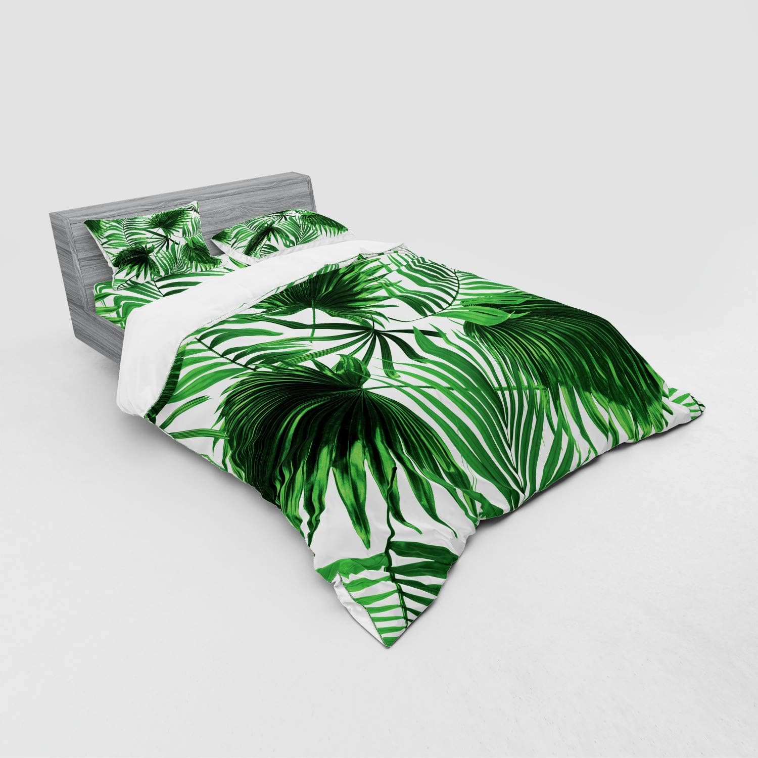 Ambesonne Palm Leaf Bedding Set, Realistic Vivid Leaves of Palm Tree Growth Ecology Botany Themed Print, 4 Piece Duvet Cover Set with Shams and Fitted Sheet, Queen Size, Fern Green White