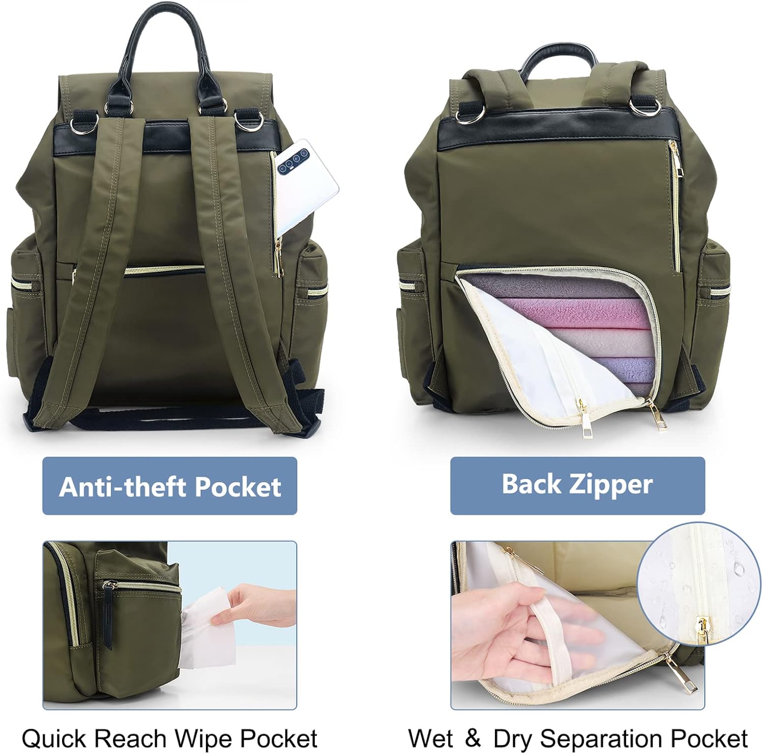Baby Diaper Bag Backpack with Stroller Hooks, Pipi bear Multi-function Stylish Travel Diaper Back Pack for Mom and Dad, Baby Changing Bag, Maternity Nappy Bag for Boys and Girls, Large Capacity, Green