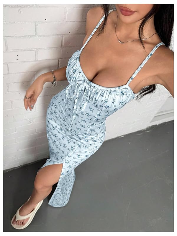 Floerns Women's Summer Floral Maxi Dress Tie Front Milkmaid Beach Vacation Slit Cami Dresses Blue Medium by Floerns - Used condition - Image 4