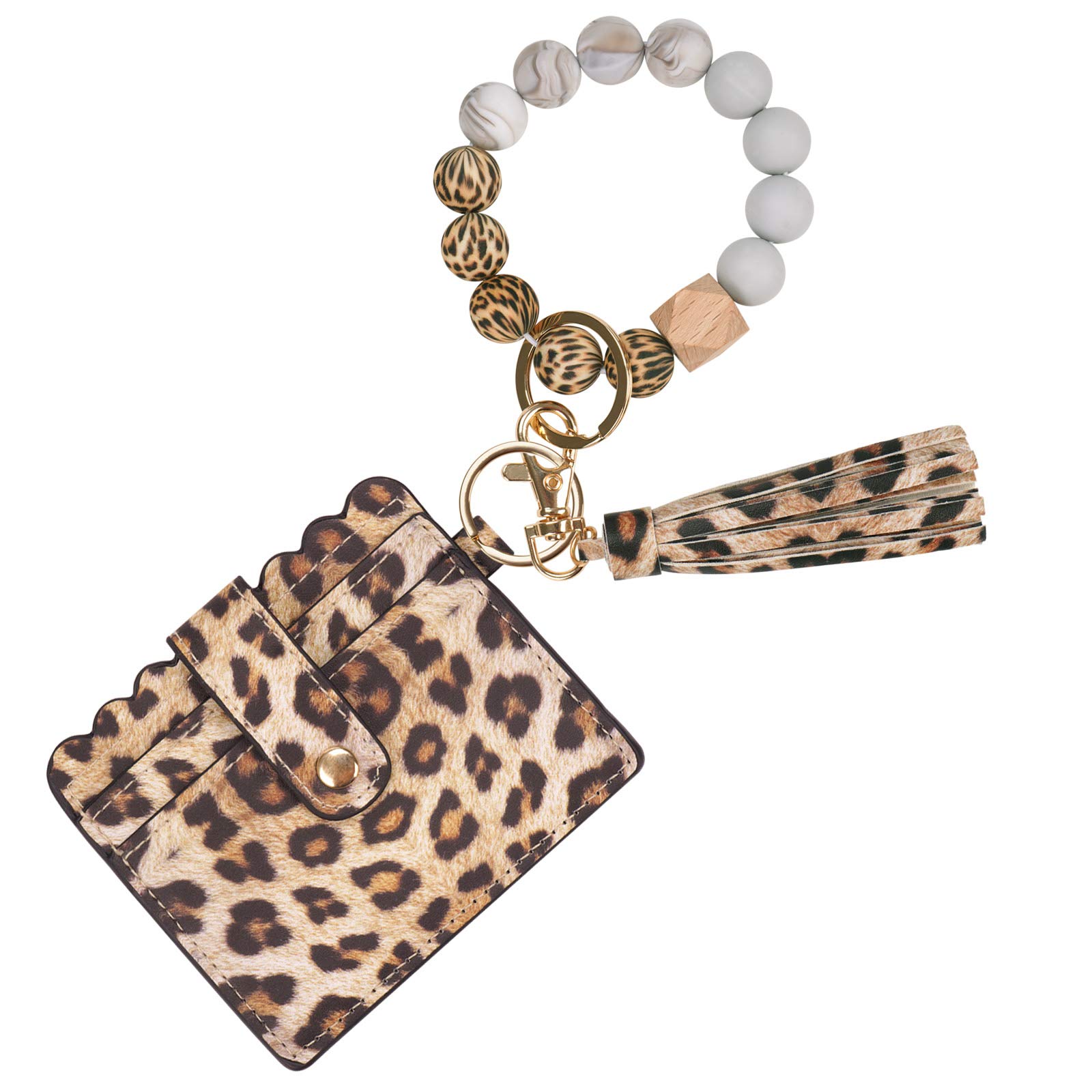 TING-CHUNWristlet Keychain Silicone Beaded Bracelet PU Leather Tassel Wallet Round Bangle Car Key Ring With Card Holder For Women Girls