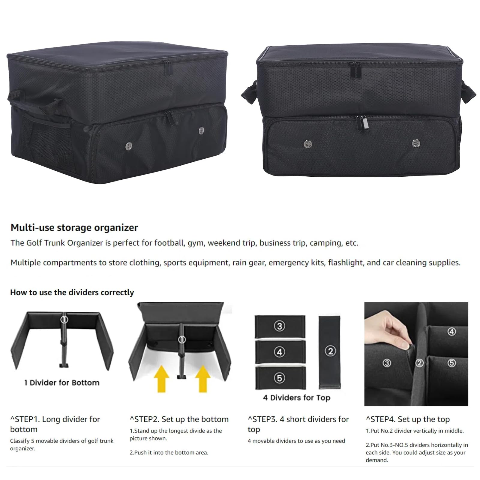 Organiseur de coffre de golf – Sac de rangement pour casier de voiture à 2 couches – Casier d'équipement de golf pour homme et organisateur de chaussures pour balles, t-shirts, vêtements