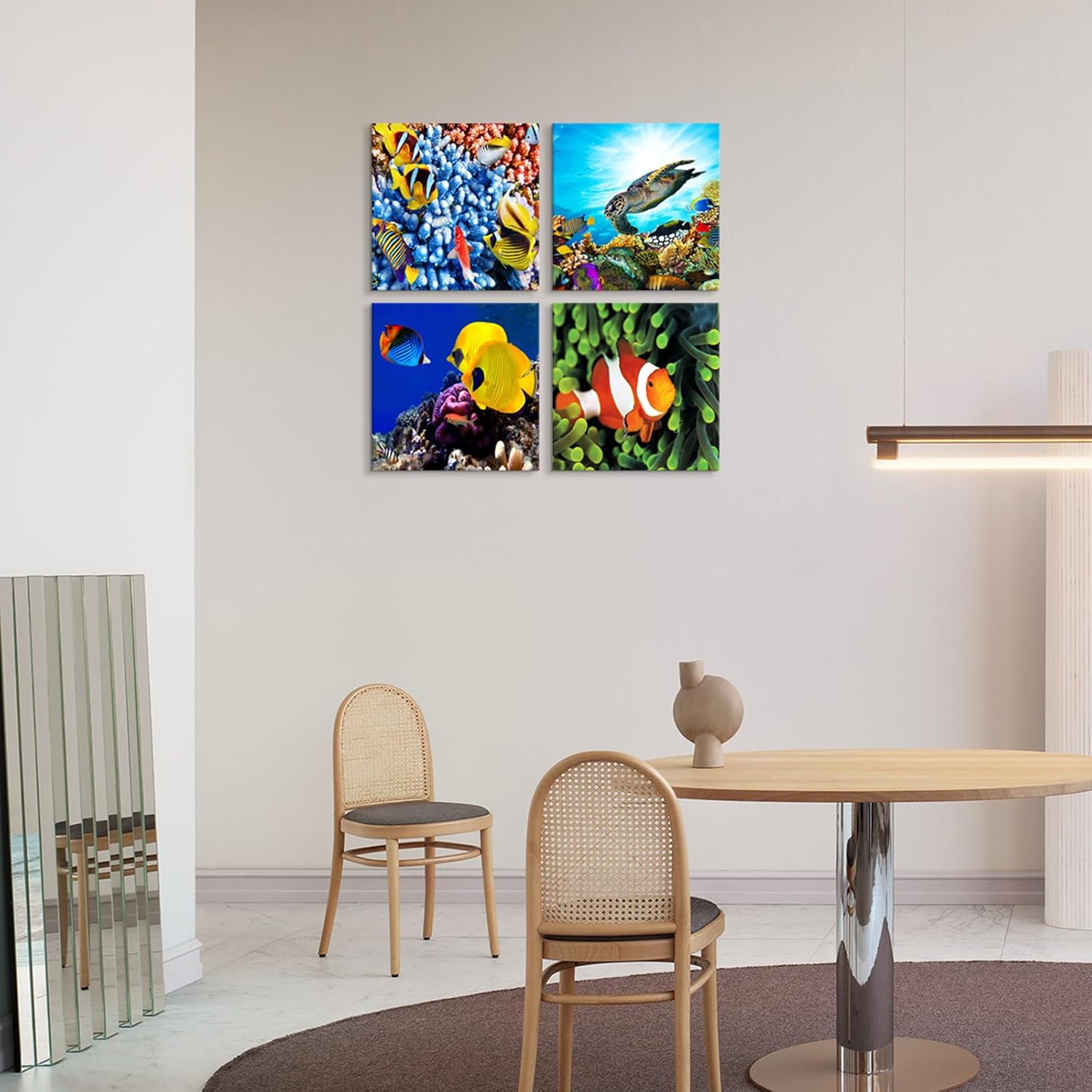 Canvas Wall Art For Living Room, 4 PCS Blue Ocean Theme Fish Sea World Painting Beach Wall Art Pictures Prints Posters Modern Framed Ready for Kids Room Bathroom Bedroom Decor to Hang