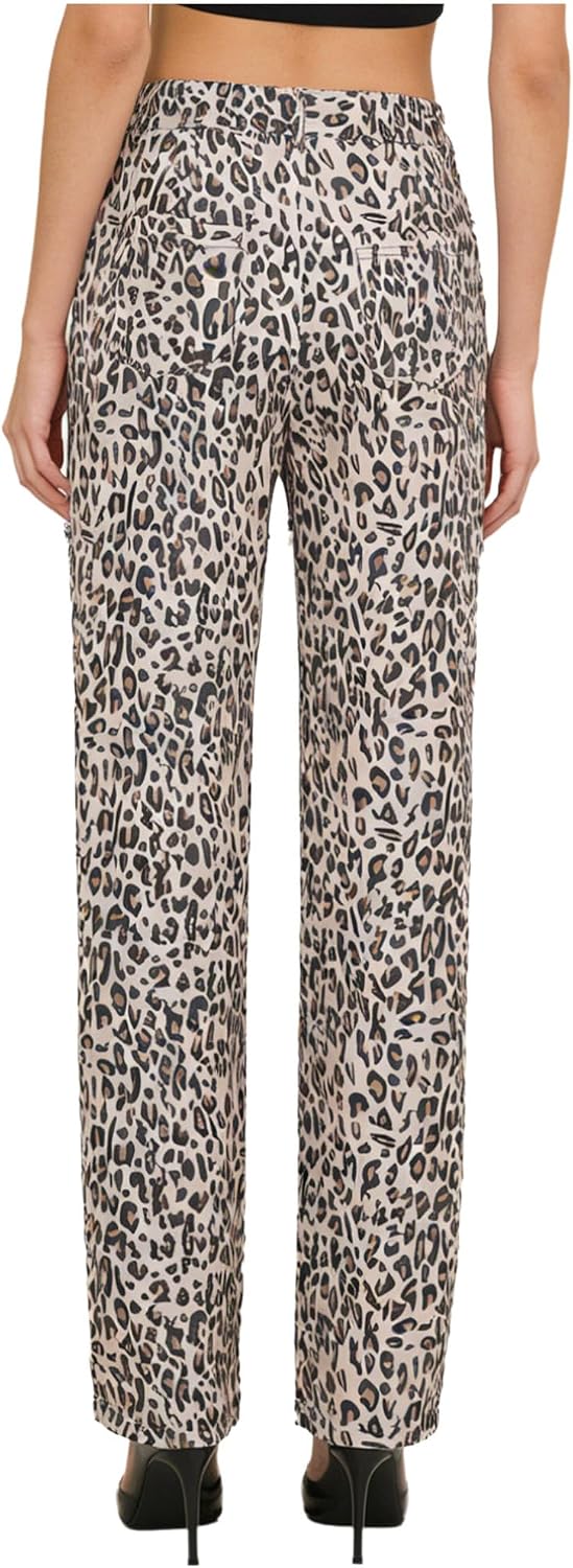 FEESHOW Women's Leopard Straight Leg Pants Rhinestone Cut Out Baggy Trousers for Night Out Party Streetwear