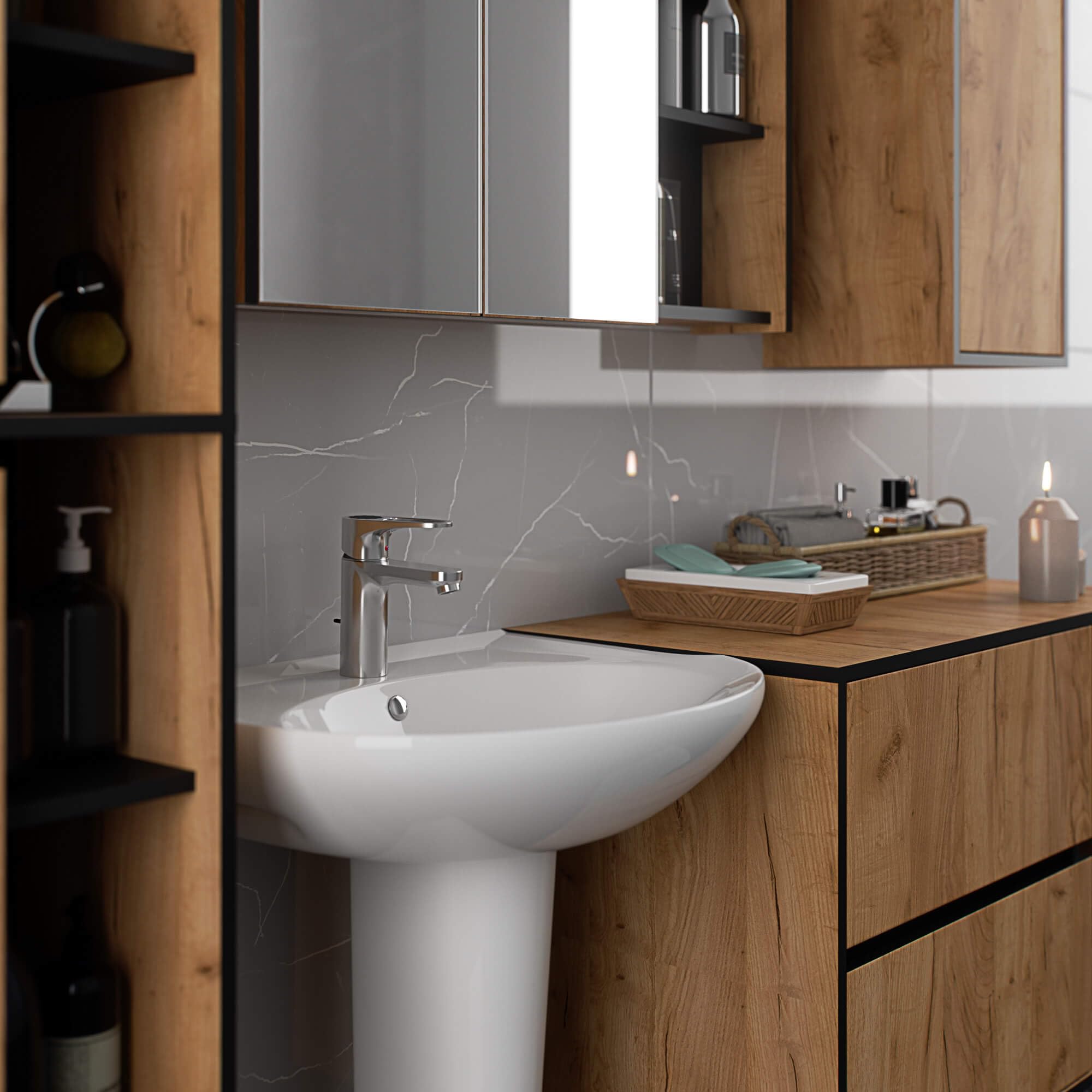 AKORD Mobile Bagno con Specchio VAMI 90 cm - Pensile Bagno Specchio Contenitore 2 Ante, 6 Ripiani - Spazioso - Robusti e Resistenti all'Umidità - 90x75x15 cm - Rovere Artigianale & Nero
