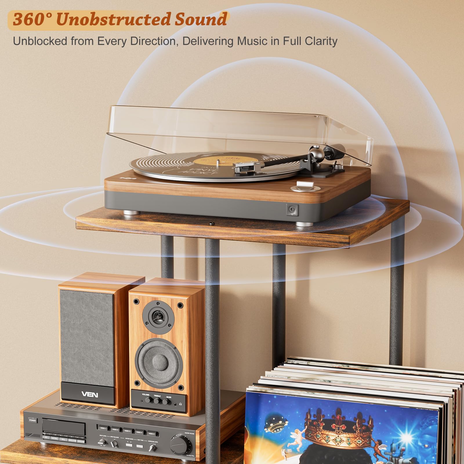 Bikoney Mid-Century Plattenspieler-Ständer mit Schallplatten-Regal | Vintage Plattenspielertisch mit LP-Trennfächern, Ablagefach, Vinyl Schallplatten-Aufbewahrung, Hoher Beistelltisch