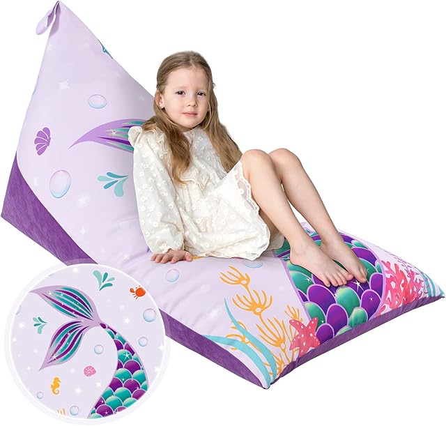 Mermaid Stuffed Animal Storage - Double Sided Bean Bag Chair Cover Only Canvas Velvet Toys Organizer Holder Beanbag Seat for Kids Girls Lounge Living Room Bedroom Accessories Without Filling