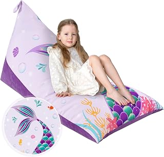 Mermaid Stuffed Animal Storage - Double Sided Bean Bag Chair Cover Only Canvas Velvet Toys Organizer Holder Beanbag Seat for Kids Girls Lounge Living Room Bedroom Accessories (Without Filling)