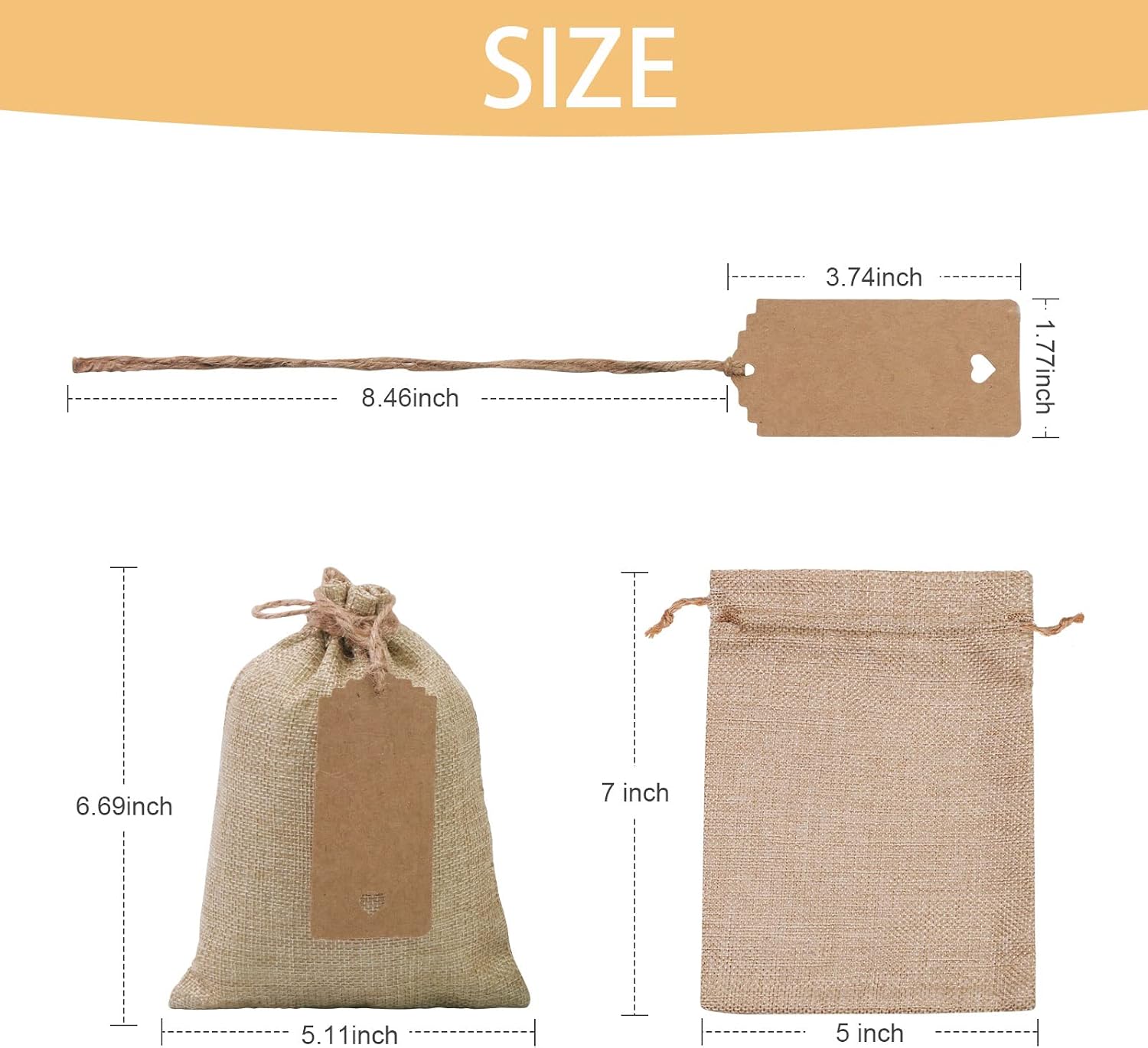 SumDirect-Brown-Burlap-Gift-Bags - 20Pcs 5x7 Inch Drawstring Bags with Tags, Linen Sack Bags for Wedding Favors Party, DIY Craft, Christmas