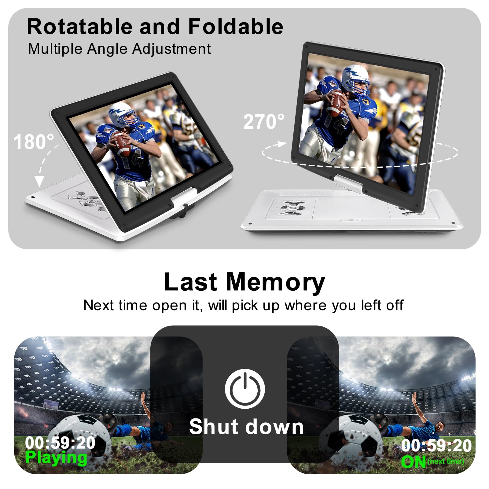 Lettore DVD portatile da 18 pollici con grande schermo HD da 15,6 pollici, 6 ore di riproduzione, lettore DVD portatile con doppio altoparlante, ultima memoria, supporto SYNC TV/USB/SD Card