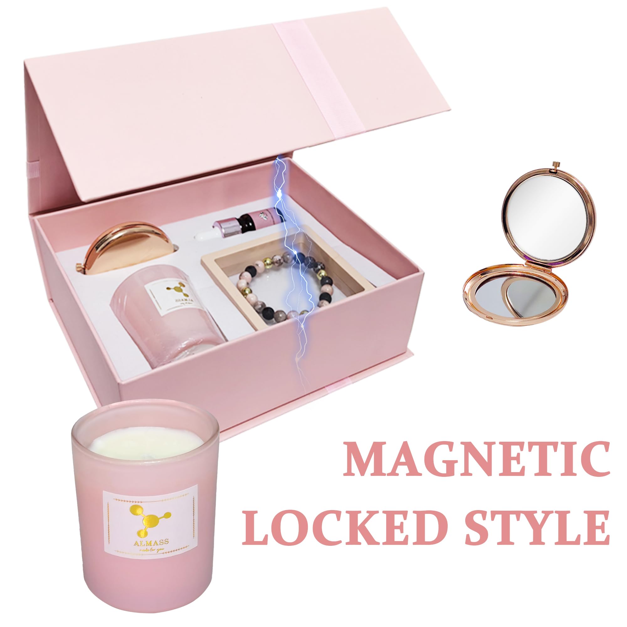 Cadeau pour ma femme - Coffret cadeau - gourmette femme : Bracelet Diffuseur Huile Essentielle 19 cm Artisanal naturel+ 5ml huile essentielle (rose,lavande) + Miroir poche + Bougie parfumée végétale