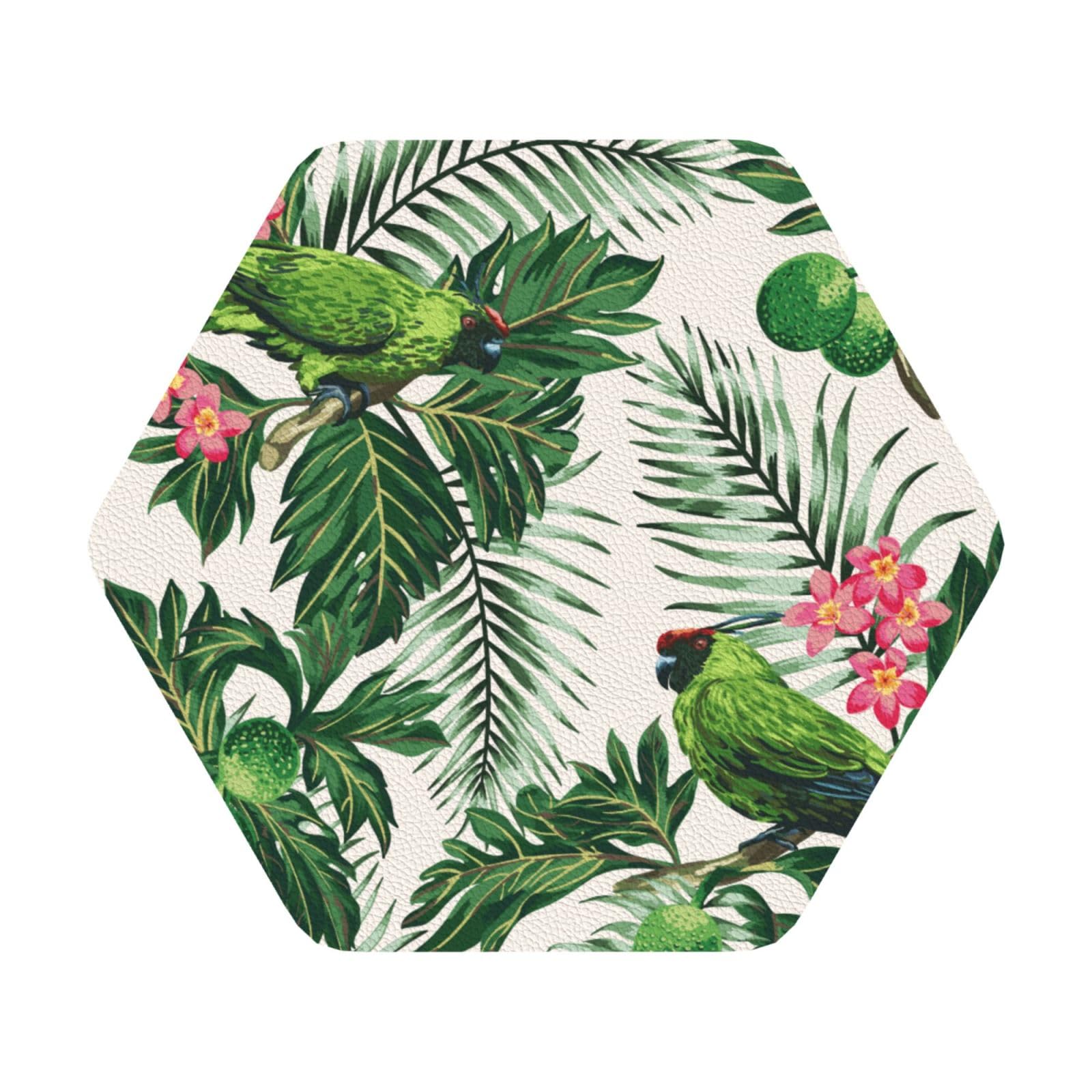 Couple Parrots Olive PU Leather Coasters Set of 6 Hexagon Drink Coasters