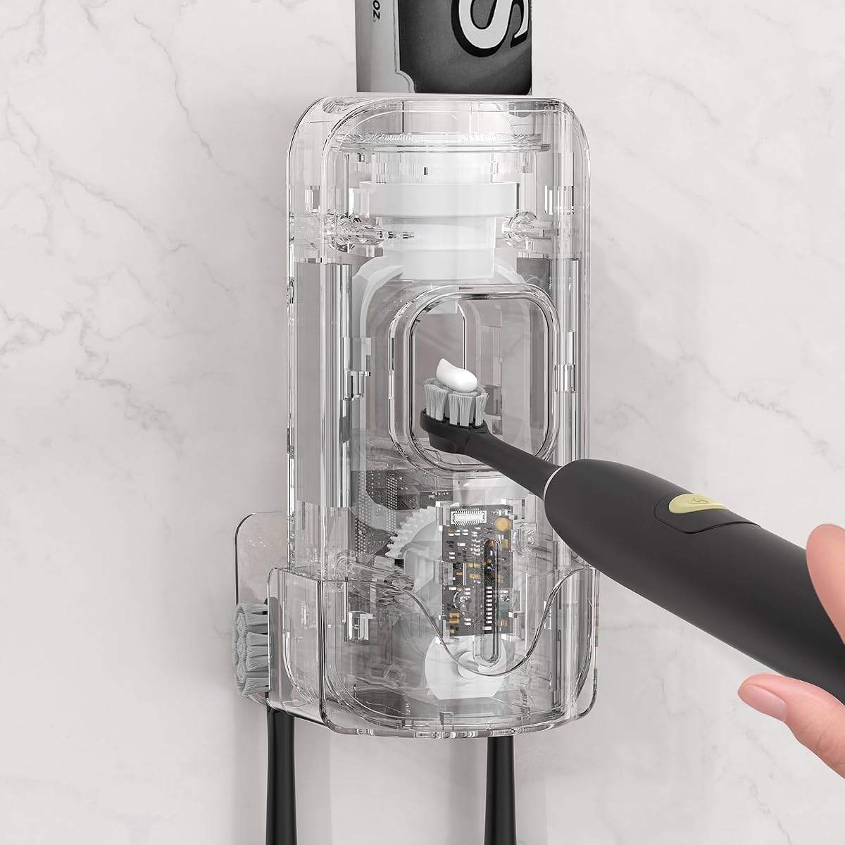 Dispensador automático de pasta de dientes montado en la pared - Exprimidor de pasta de dientes inteligente sin contacto con 3 niveles ajustables, 2 soportes para cepillos de dientes - para niños y adultos, artículos esenciales para el baño
