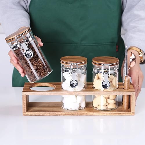 Miniatura 3 de KKC - Tarro de vidrio para almacenamiento de alimentos, recipientes de vidrio sellado con tapas de madera herméticas para té, azúcar, especias, 13