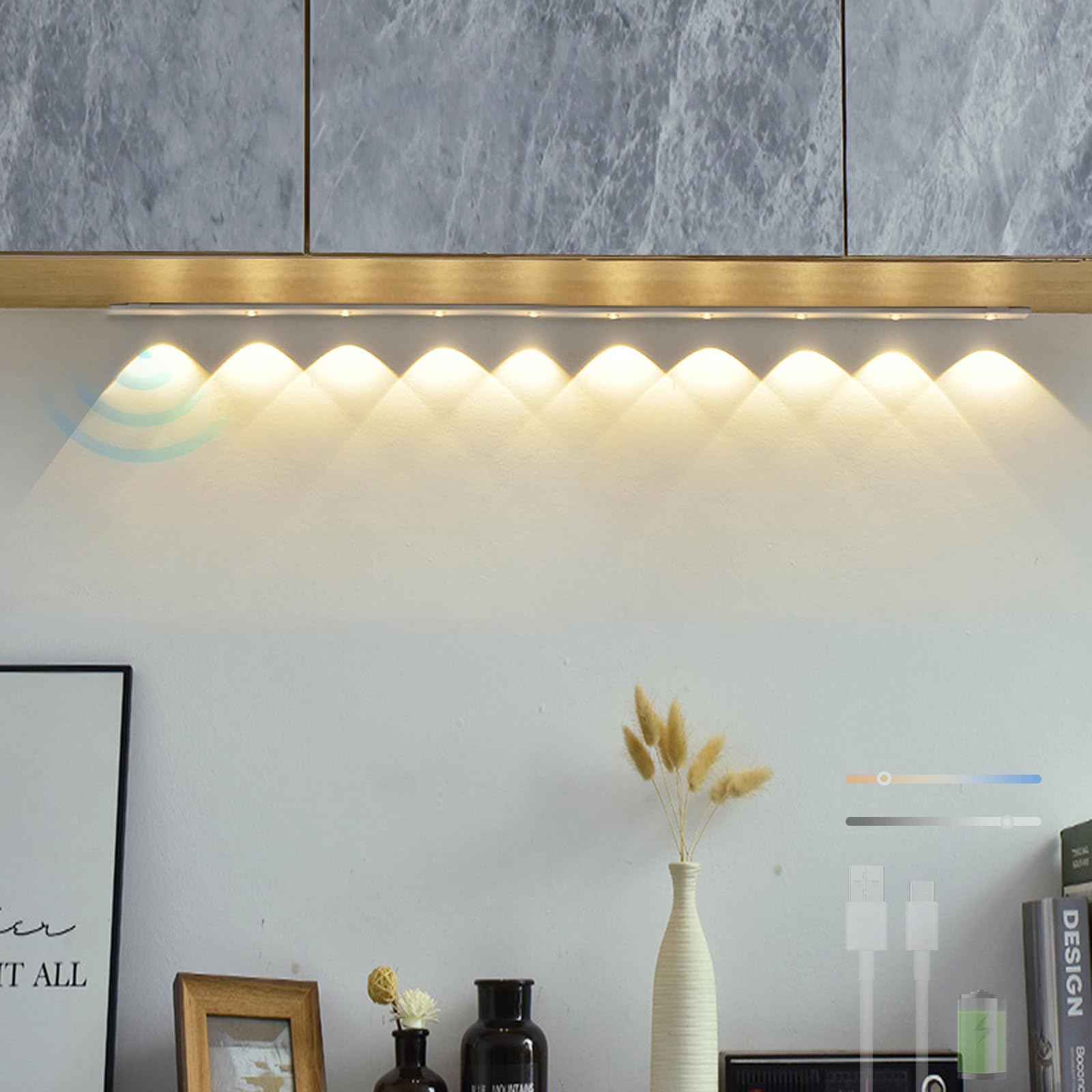 Lámpara de Pared LED para Debajo del gabinete, con Sensor de Movimiento, Control táctil, atenuación, Recargable por USB, 2700K/4500K/6500K, para Cocina, Armario y Dormitorio.