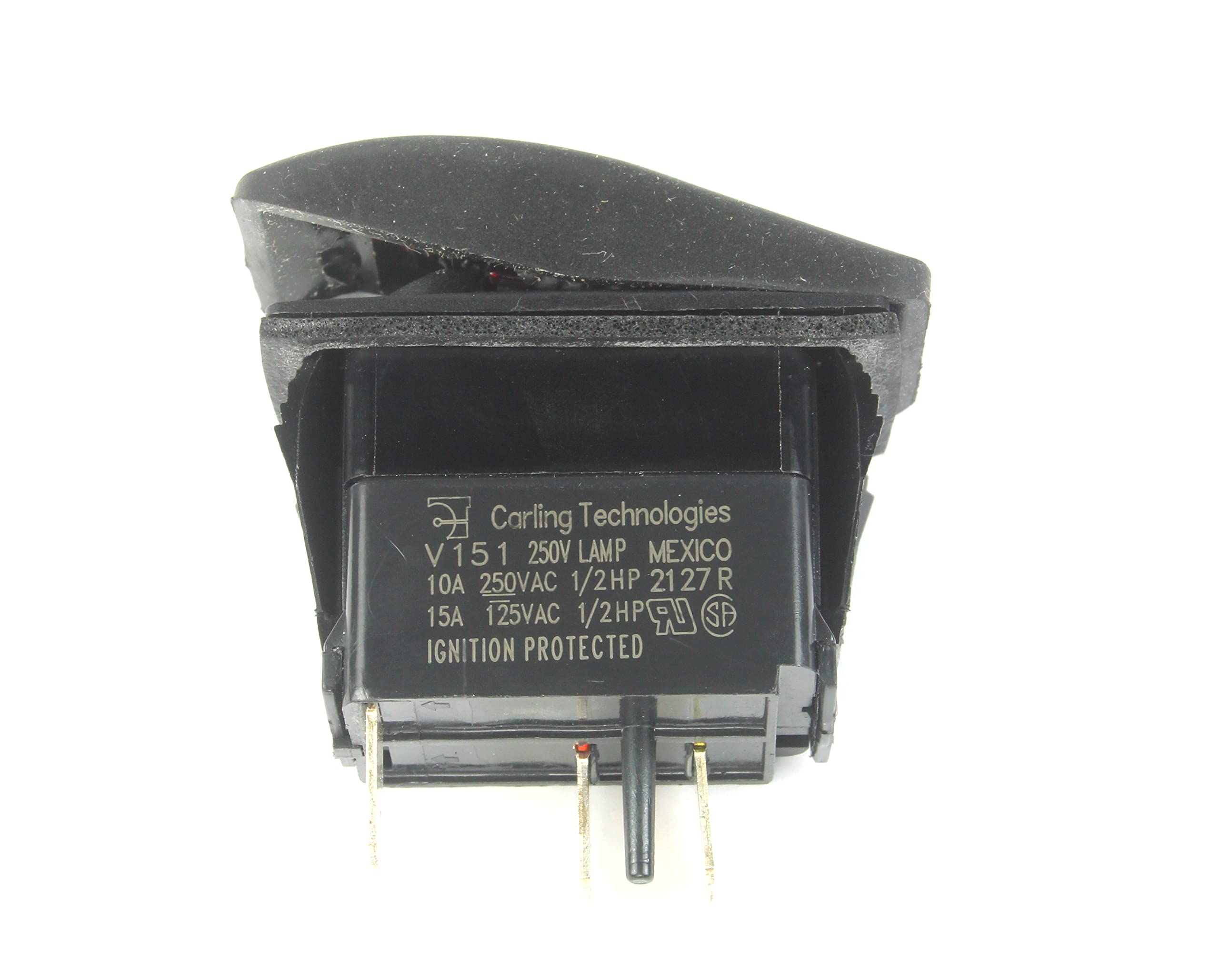 (HY #59) Carling Rocker Switch SPST RED Illuminated On/Off 10A 250vac Ignition Protected Soft Rubber; 3 Prongs