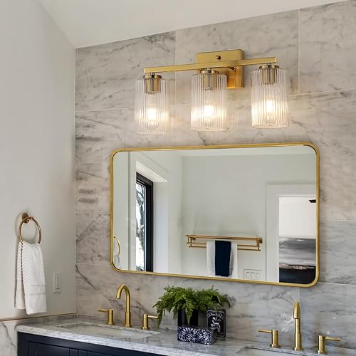 Miniatura 3 de Lámpara de tocador de baño dorada cepillada de 3 luces, iluminación moderna con pantalla de vidrio texturizado, accesorios de iluminación de baño de