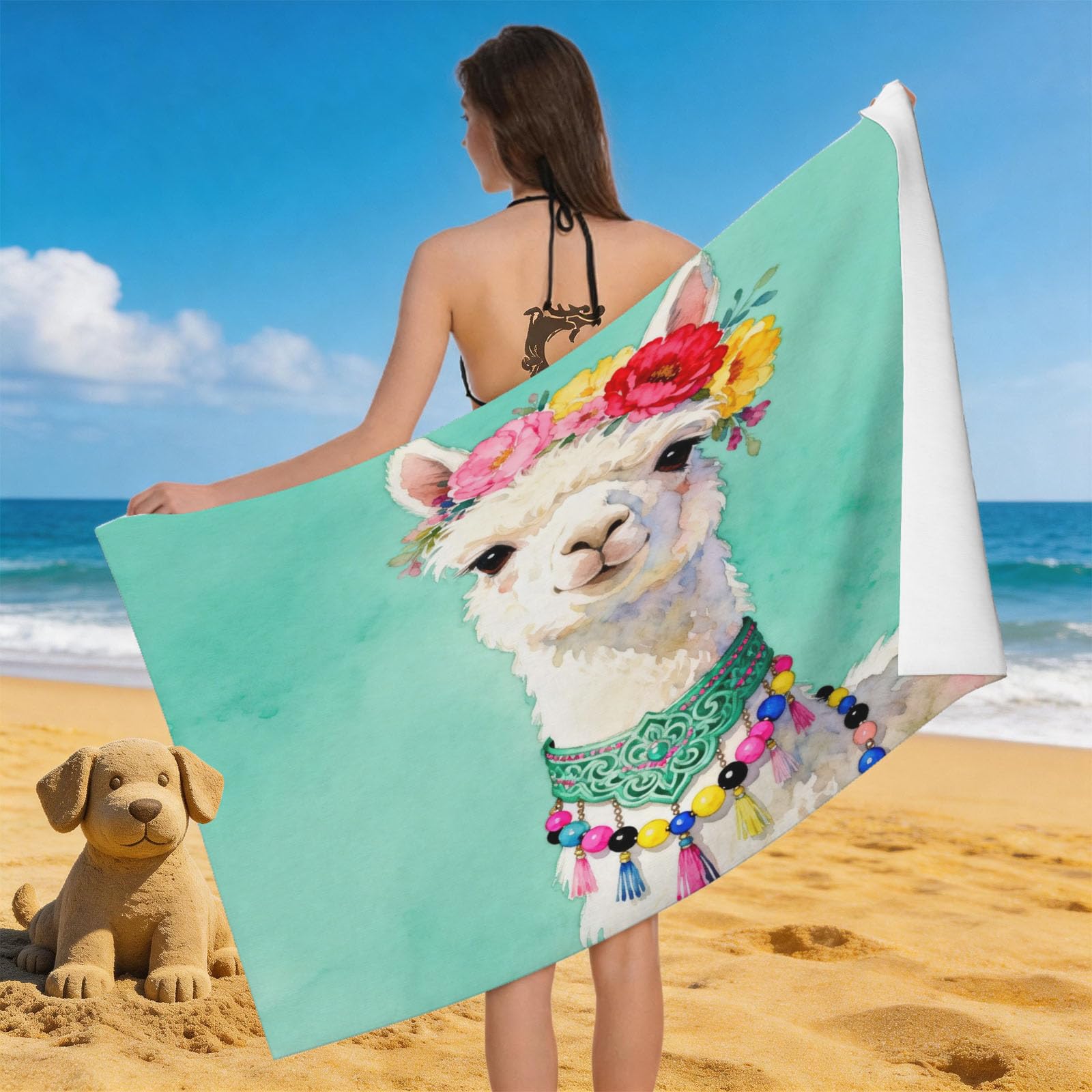 Leichong 3D Alpaca Beach Towel Microfiber Soft Quick Dry for Adults, Flower Bath Towel Lightweight Soft Absorbent for Travel Swimming Pool Sports, 75 x 150 cm