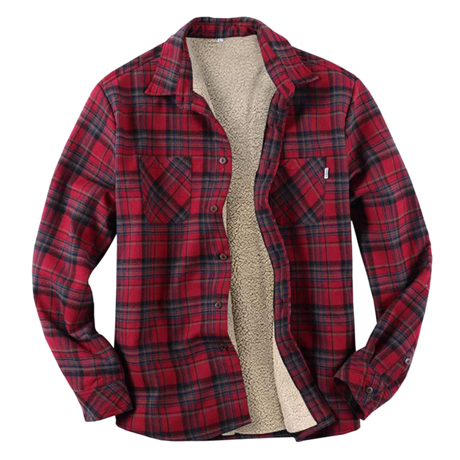 Hulkay Men's Wine Long Sleeve Sherpa Fleece Flannel Shirts Button Down Berber Lined Shackets Warm Camp Shirts Plaid Jackets(,Xxl)