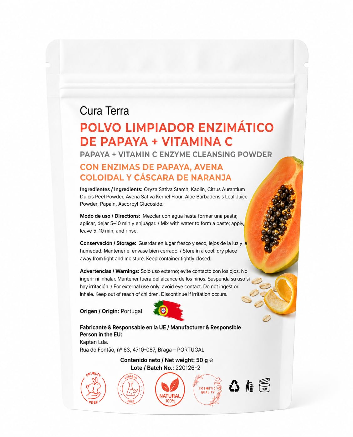 Papaya + Vitamina C - Polvere detergente enzimatico viso 50 g | Esfoliante naturale illuminante con enzimi di papaia, avena colloidale, caolino e buccia d'arancia | 100% naturale e vegano