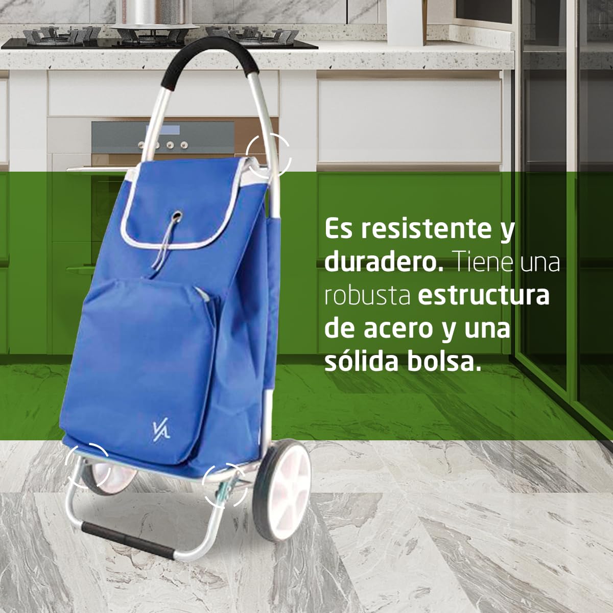 Amig - Carro de la Compra de 2 Ruedas - Bolsa Ajustable - Aluminio Ligero - Carga Máxima 15kg - Capacidad de 50 L - Medidas: 95 x 45,5 x 12 cm - Color: Azul