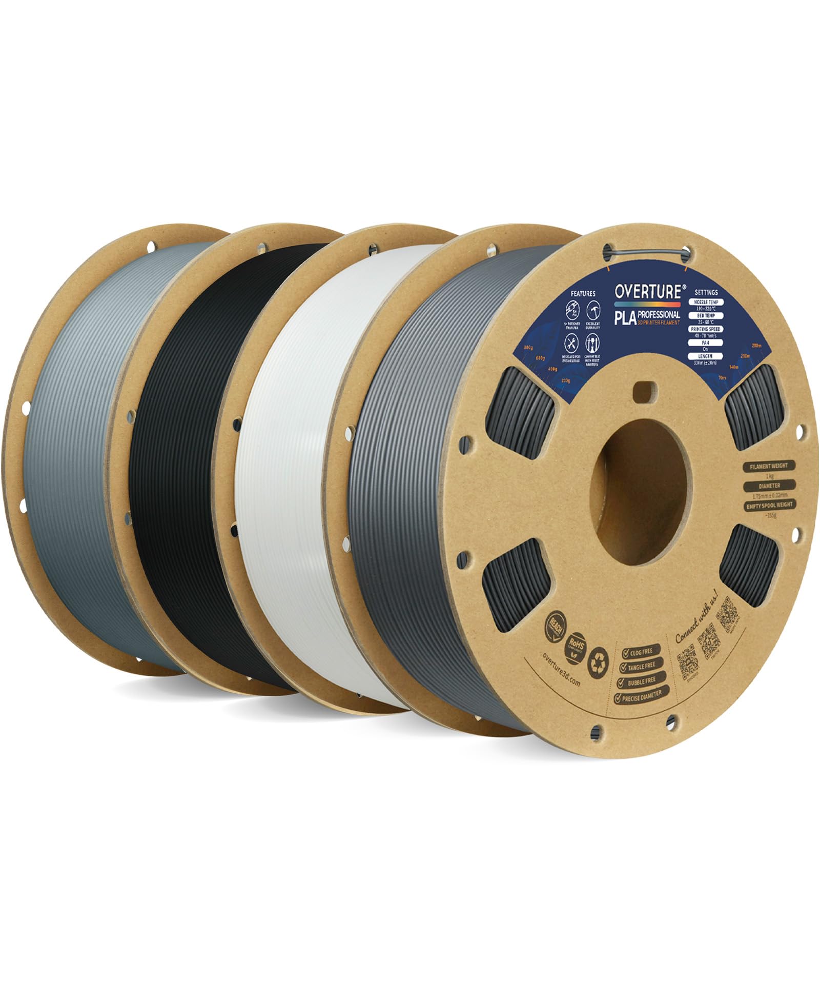 OVERTURE PLA Plus (PLA+) Filament, Professionelle PLA-Festigkeit, 4kg Filament 1.75mm, Maßgenauigkeit +/- 0,02 mm, für 3D-Drucker (Black*1+White*1+light Gray*1+Space Gray*1)