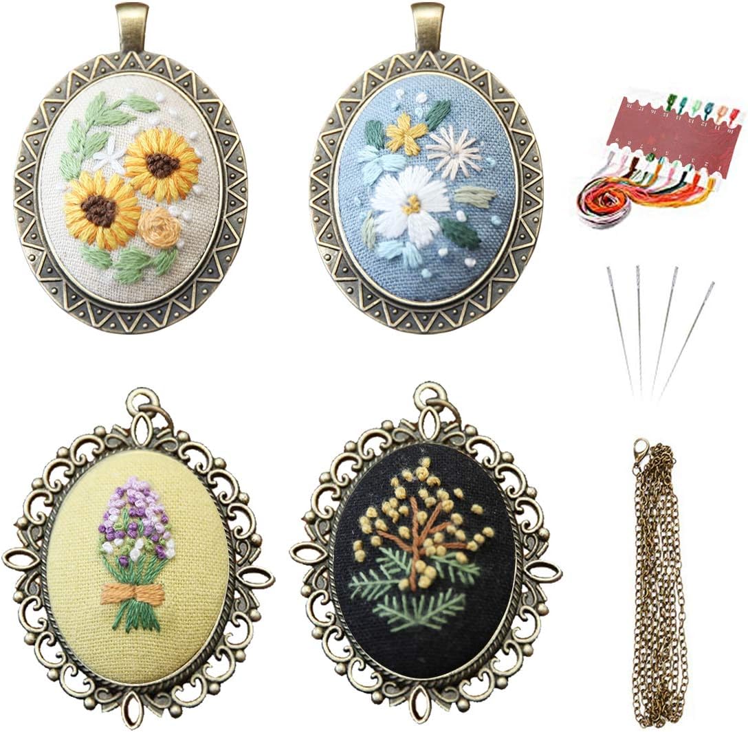 VEGCOO 4 Sets Embroidery Starter Kit with Pattern, Embroidery Hoop and Colour Threads Tools Kit for Embroidery Necklace & Earrings & Hand Sewing Jewelry & Creative Gifts (A)