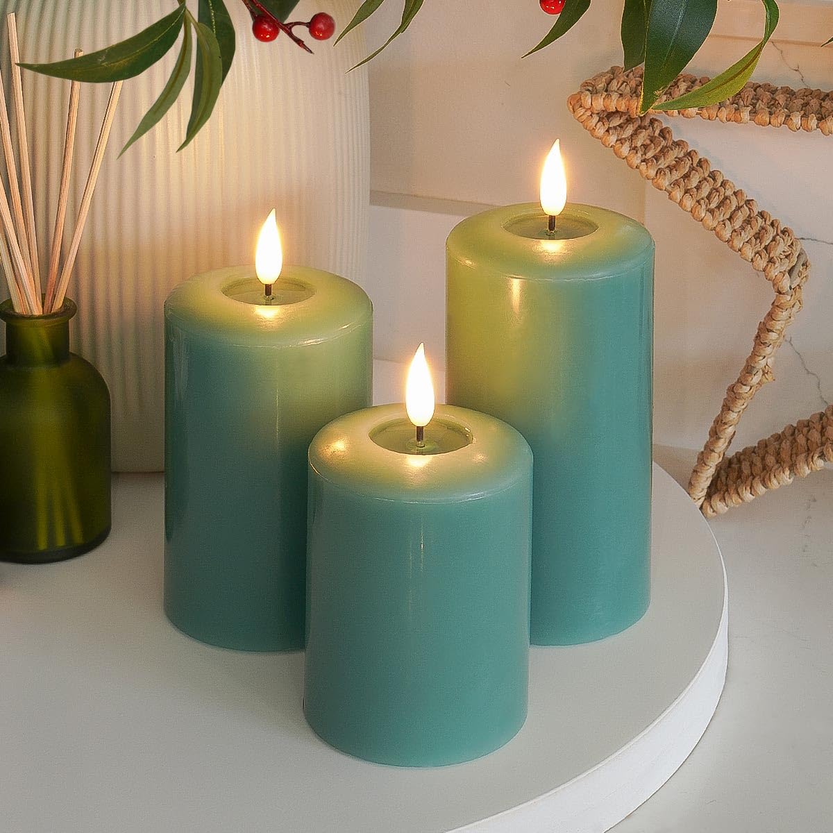 Ember Candles Green Ember Candles™ 10Cm, 12.5Cm & 15Cm Signature Sage Led Indoor Flickering Battery Candles – 100% Real Wax, Ultra-Realistic, Flameless, Hand-Poured Design, 6-Hour Timer (Without Remote Control)