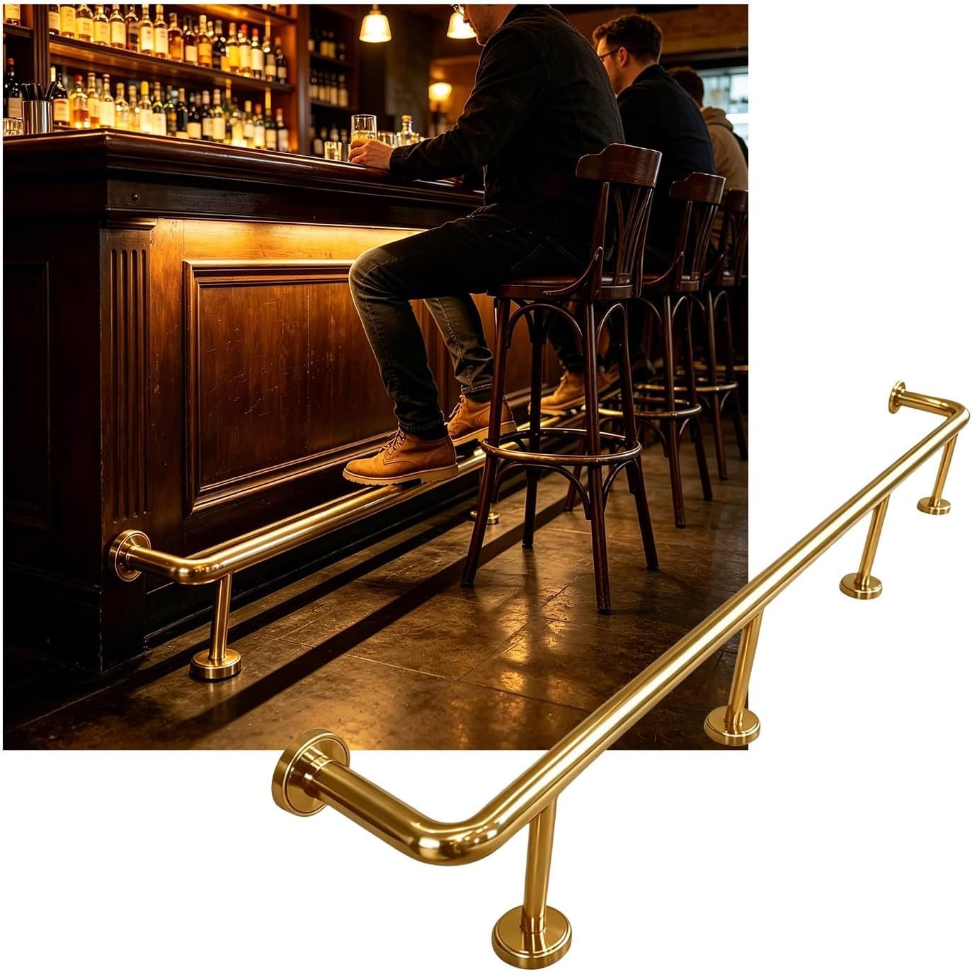 Hgouhk Gold Bar Foot Rail Kit 3.28~16.4Ft Bar Foot Rail Kit，Stainless Steel Brackets For Restaurant Kitchen Library Counter(,3.8M/12.47Ft)