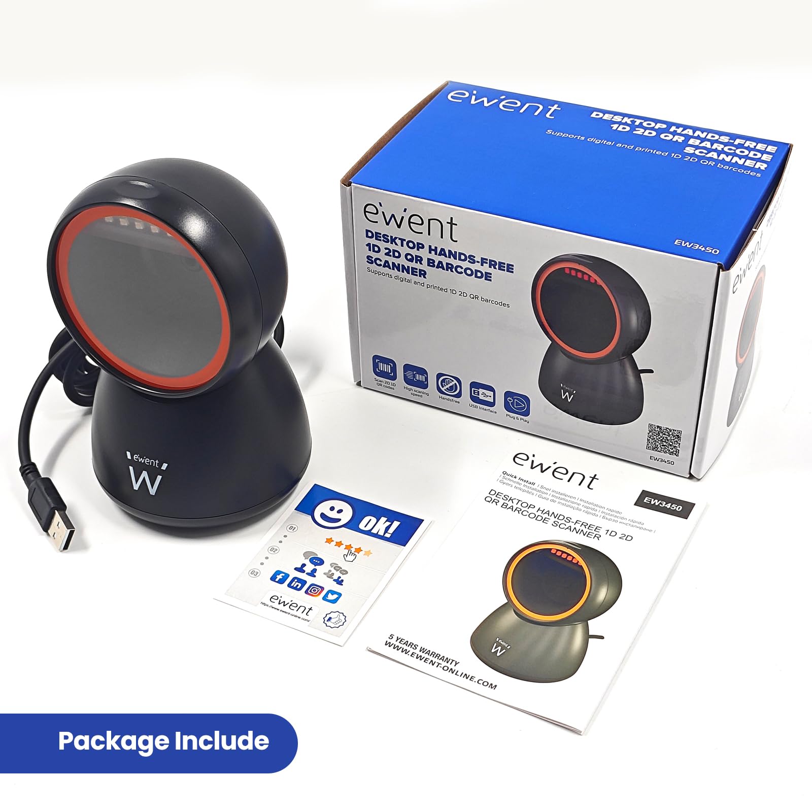 EWENT EW3450 Lettore di codici a barre omnidirezionali 1D 2D QR con cavo USB, a mani libere, scansione automatica con rilevamento delle immagini, supermercati, farmacie, magazzini. Personal computer,