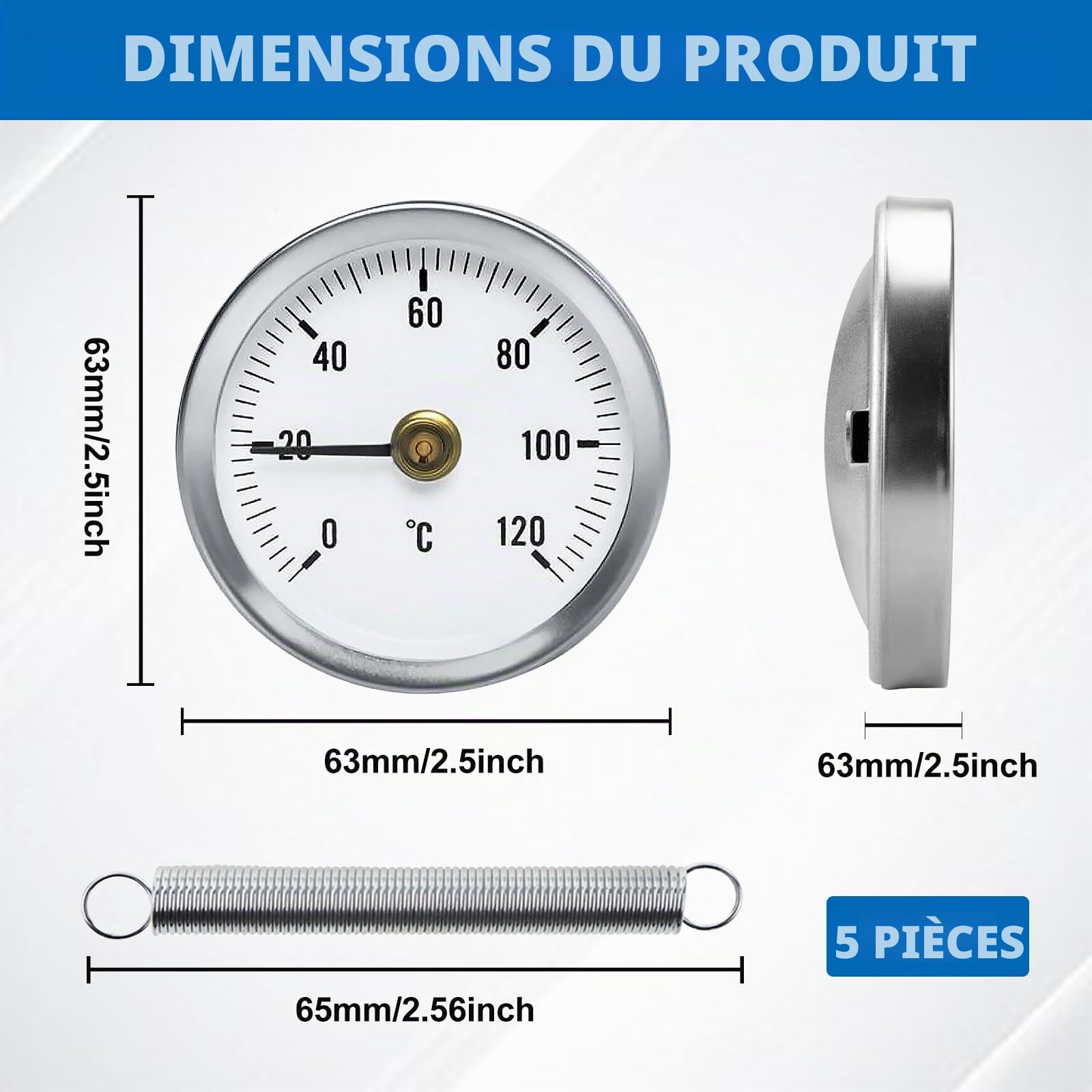 Thermomètre Industriel Pour Tuyauterie, 5 Pièces Température Bimétallique étanche à La Poussière De 63 mm, Thermomètre à Ressort, Thermomètre 0-120° Avec Ressort Clip Pour 20 mm à 60 mm