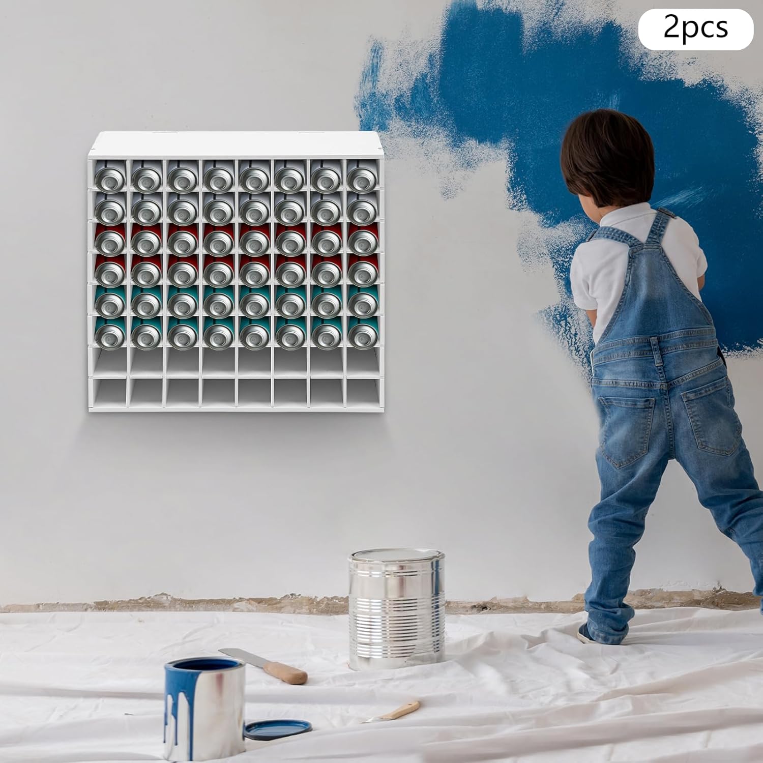 DYRABREST Paint Storage Rack 64 Grids, Wall Mount Spray Paint Organizer with Stainless Steel Hooks, 33 lbs Load Capacity, 2-Pack PVC Paint Bottle Holder for Studio Garage Art Supplies, White