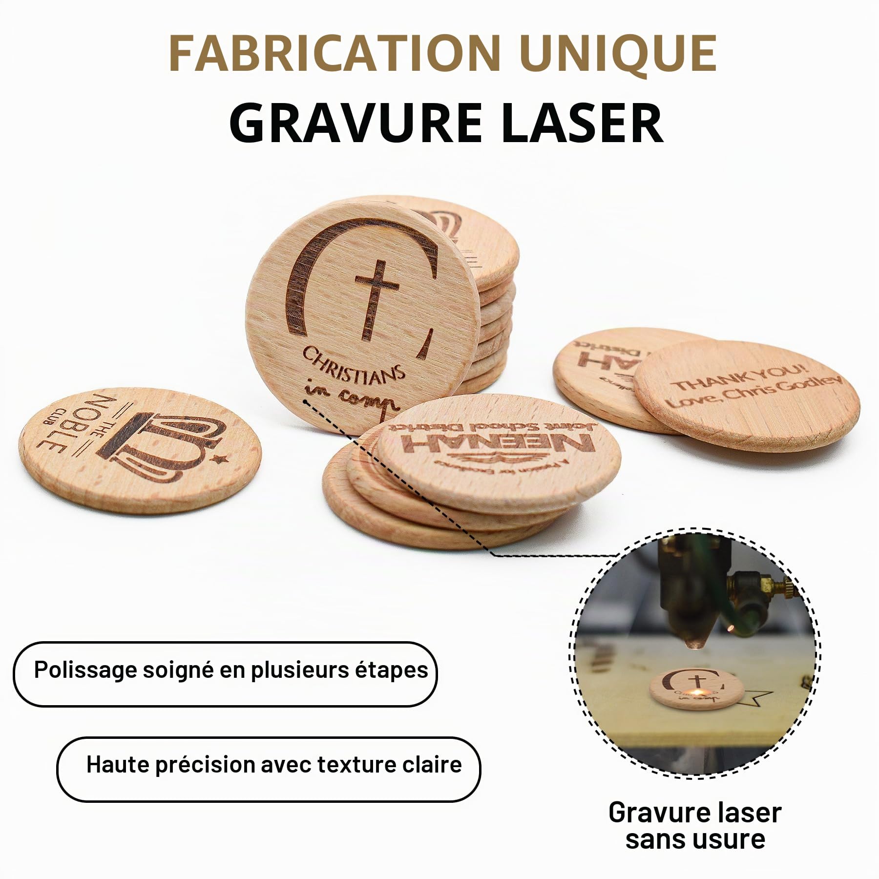 Lot de 100 jetons ronds en bois personnalisés, 3,8 cm, pièces en bois pour images de texte, jetons de boissons, petits disques, étiquettes décoratives, gravure laser