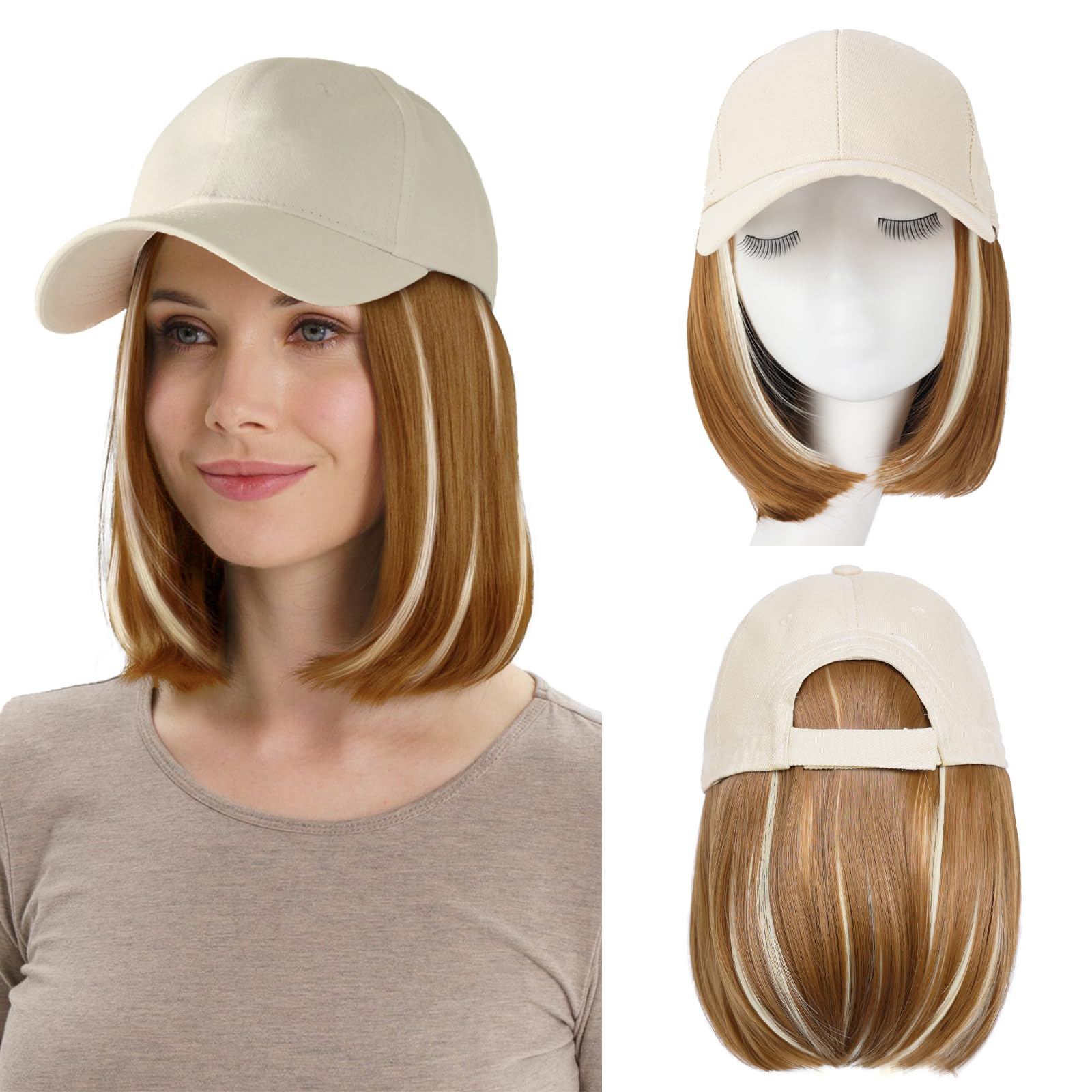 FORCUTEU Baseball Cap with Hair Extensions for Women Short Straight Bob Hairstyle Caps with Hair Attached Adjustable Baseball Cap Wig for Daily Use(Brown Mixed Blonde)