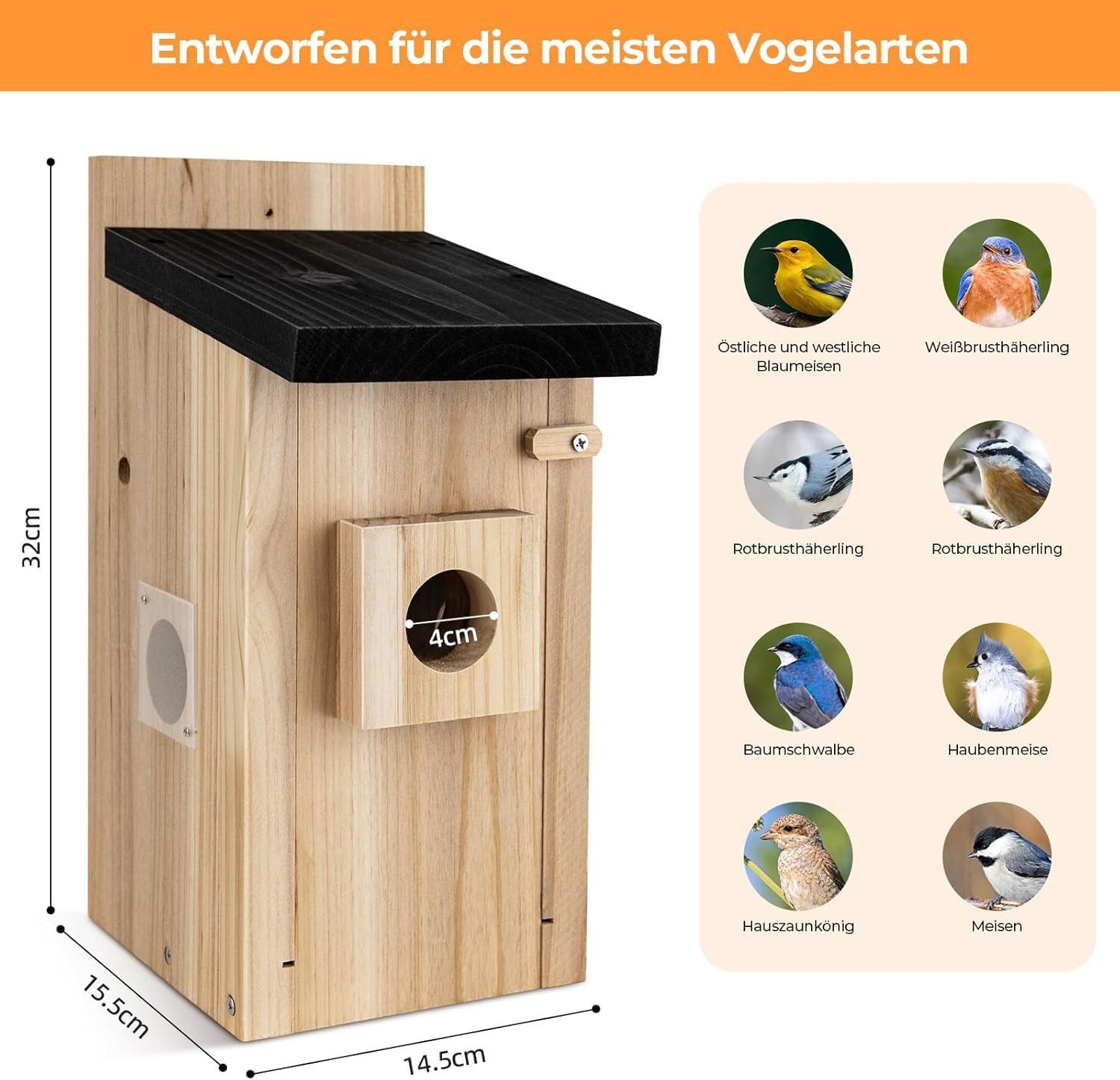 Vogelhaus mit Kamera für Außenbereich, Nistkasten aus Massivholz, Solarbetrieben mit App-Steuerung, für Garten und Balkon