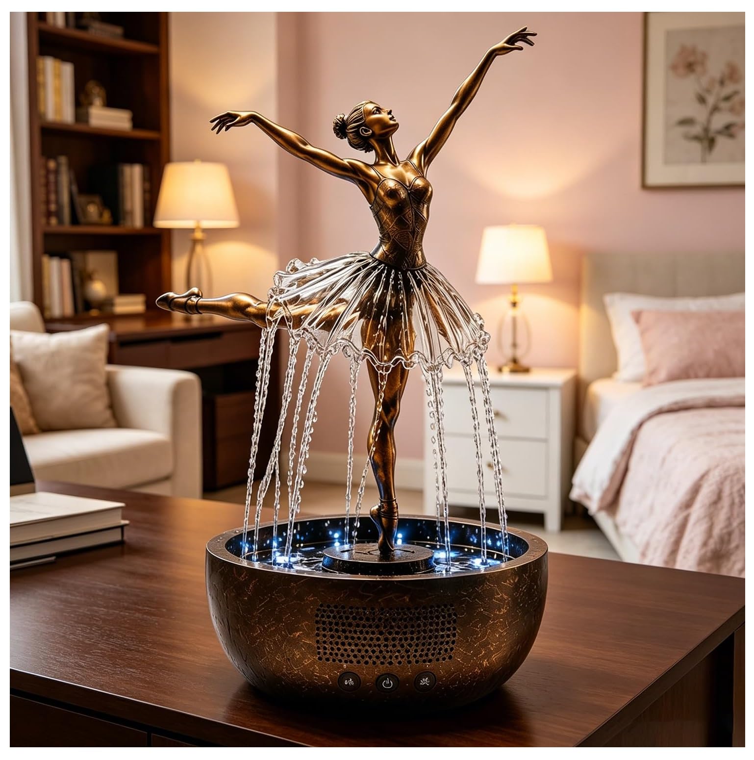 Fontana con altoparlante Bluetooth con luce LED, scultura artistica di ballerina, musica rilassante e acqua fluente, per casa, ufficio, camera da letto, decorazione relax
