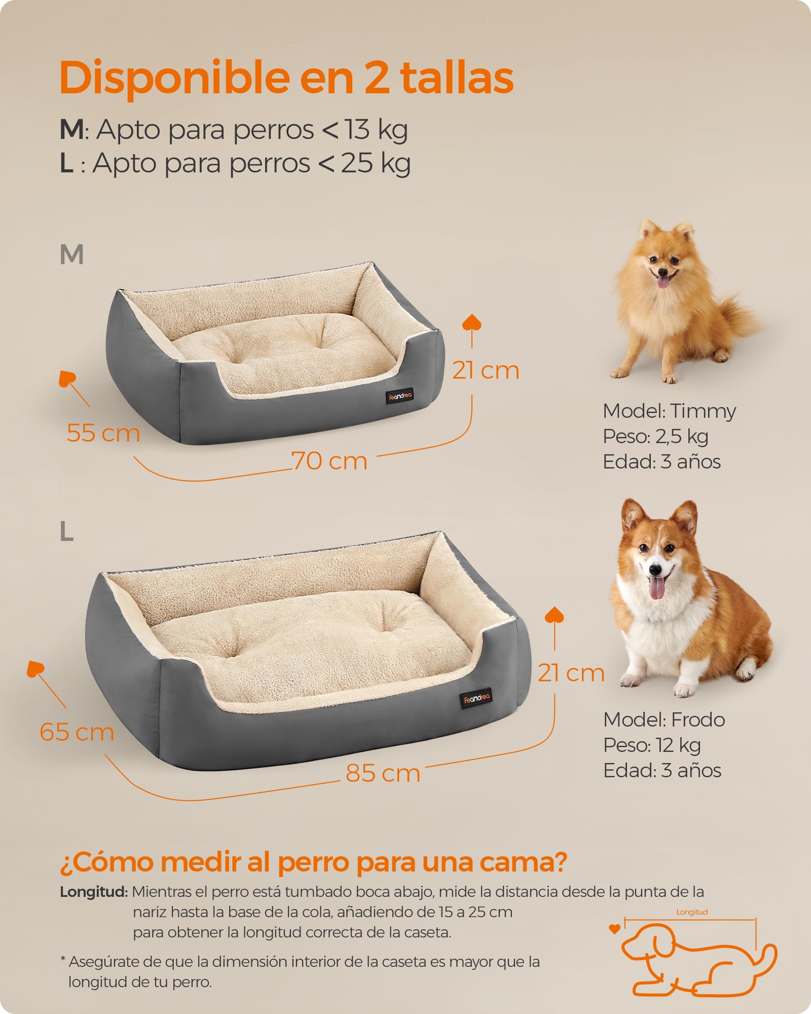 Feandrea Cama para Perros, Sofá Cama para Mascotas, Alfombra Extraíble y Reversible, Bordes Elevados, Base Antideslizante, Talla M, 70 x 55 x 21 cm, Gris Paloma y Beige Arena PGW003G01