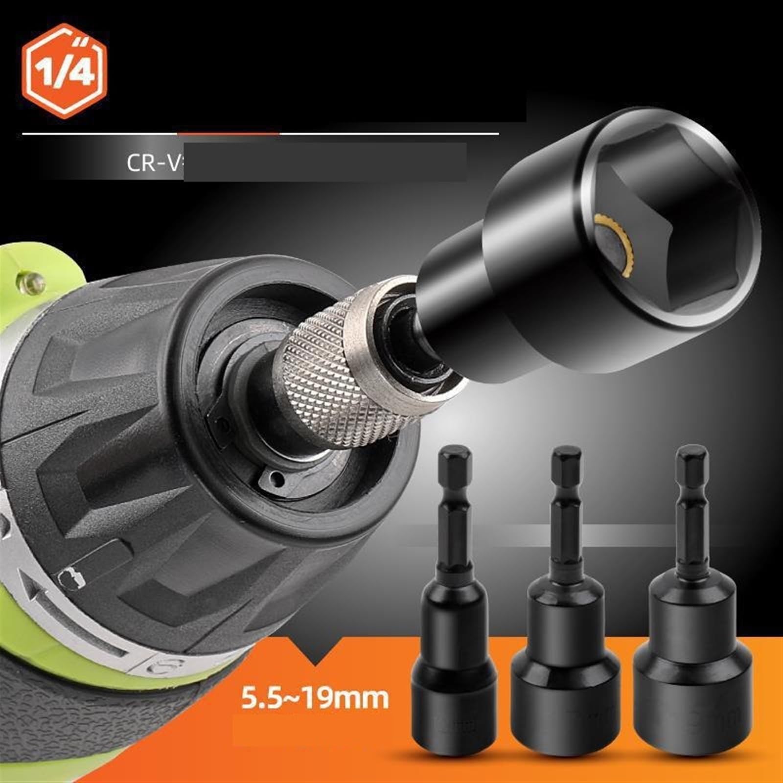 10 Pz, Bussole Magnetiche Da 65 Mm, Testa A Bussola Punta Esagonale Da 1/4 "6 Mm-19 Mm, Cacciavite Elettrico, Trapano A Mano (Color : Black, Size : 19mm)
