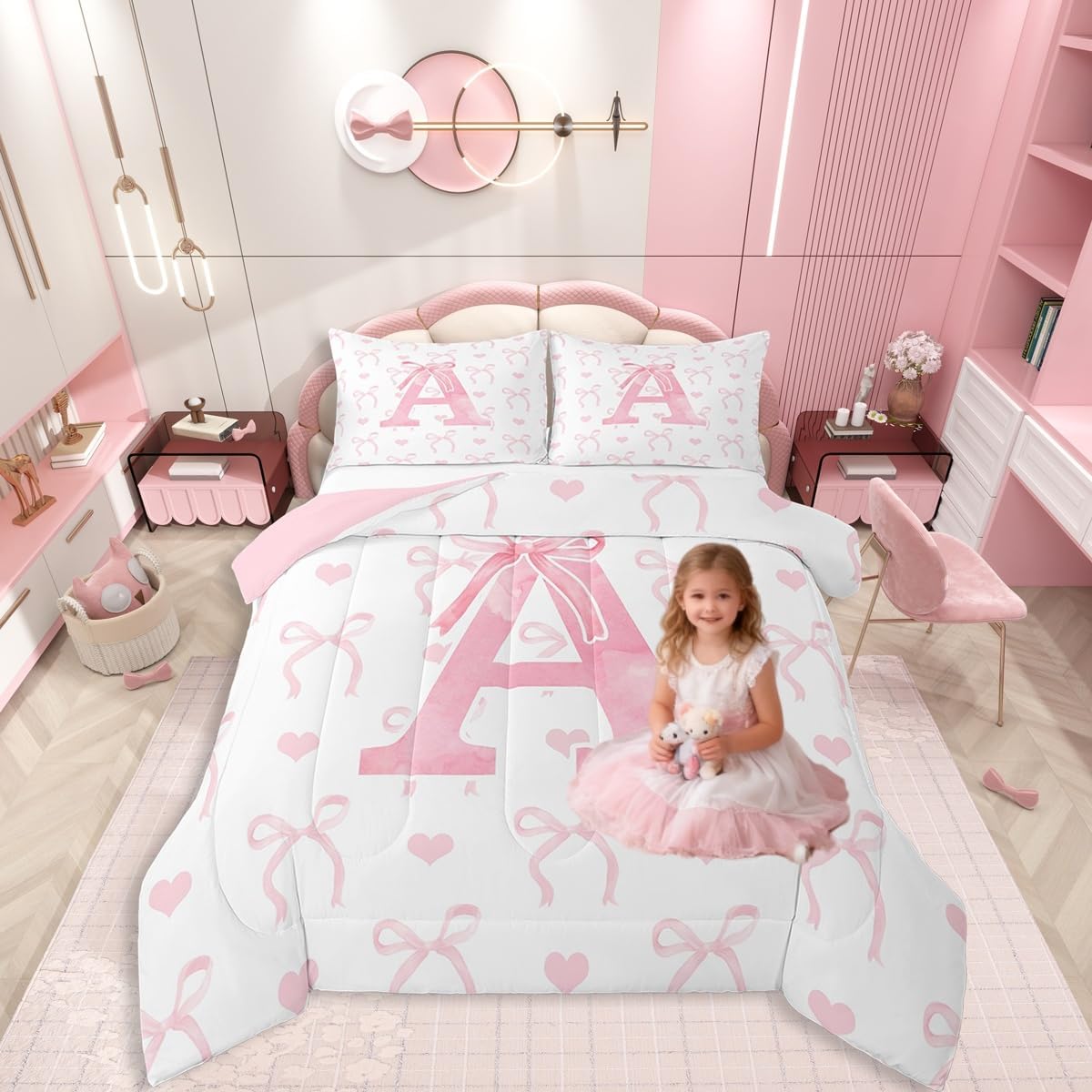 Erosebridal Pink Bow Comforter Set Twin Size for Kids, Dreamy Princess Girly Bows Bedding Set, Kawaii Alphabet A Butterfly Knot Comforter for Girls Women Bedroom, Cartoon Love Heart Quilt