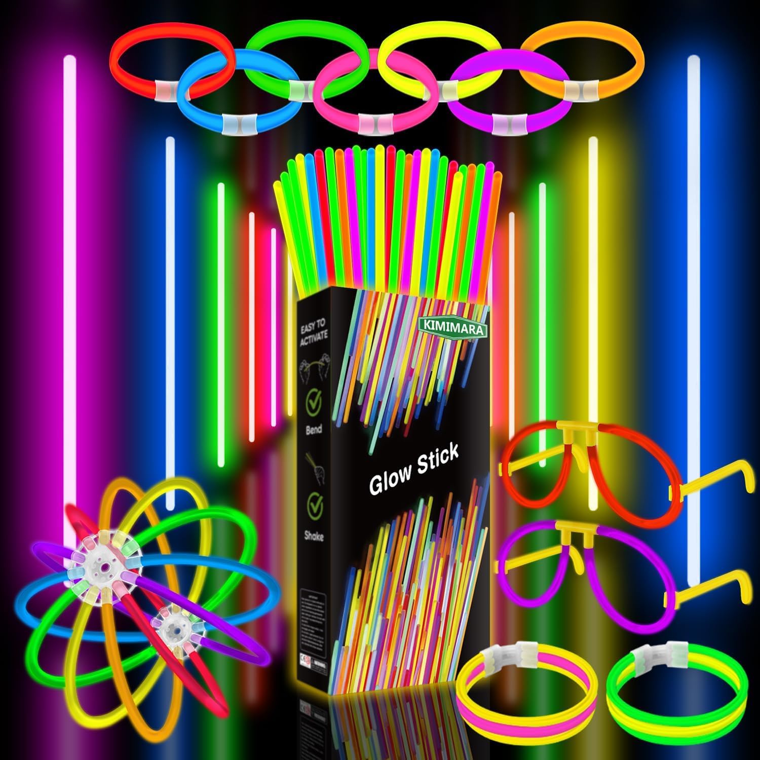 Kimimara Glow Lights Party Set - 100 Glow Lights Children's Glow Sticks with 122 Connections for Light Bracelets Glasses New Year's Eve Glow Sticks Wedding Neon Party Decoration
