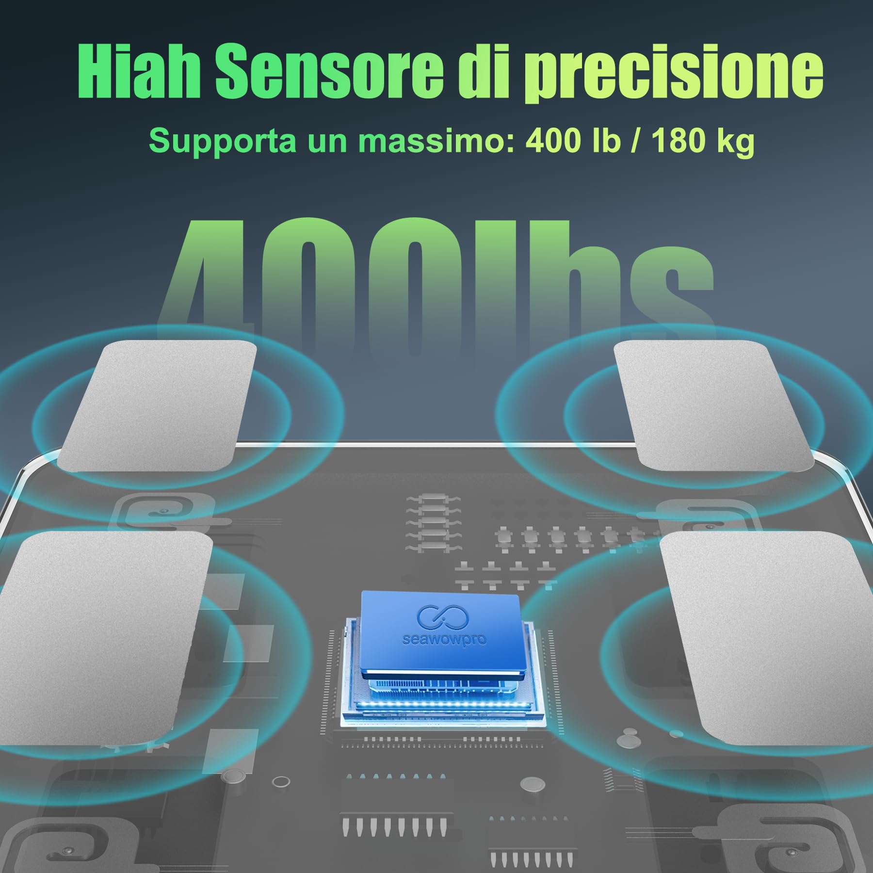 Bilancia digitale da bagno con 4 elettrodi, 20 dati corporei, compatibile con iOS e Android, max 180 kg