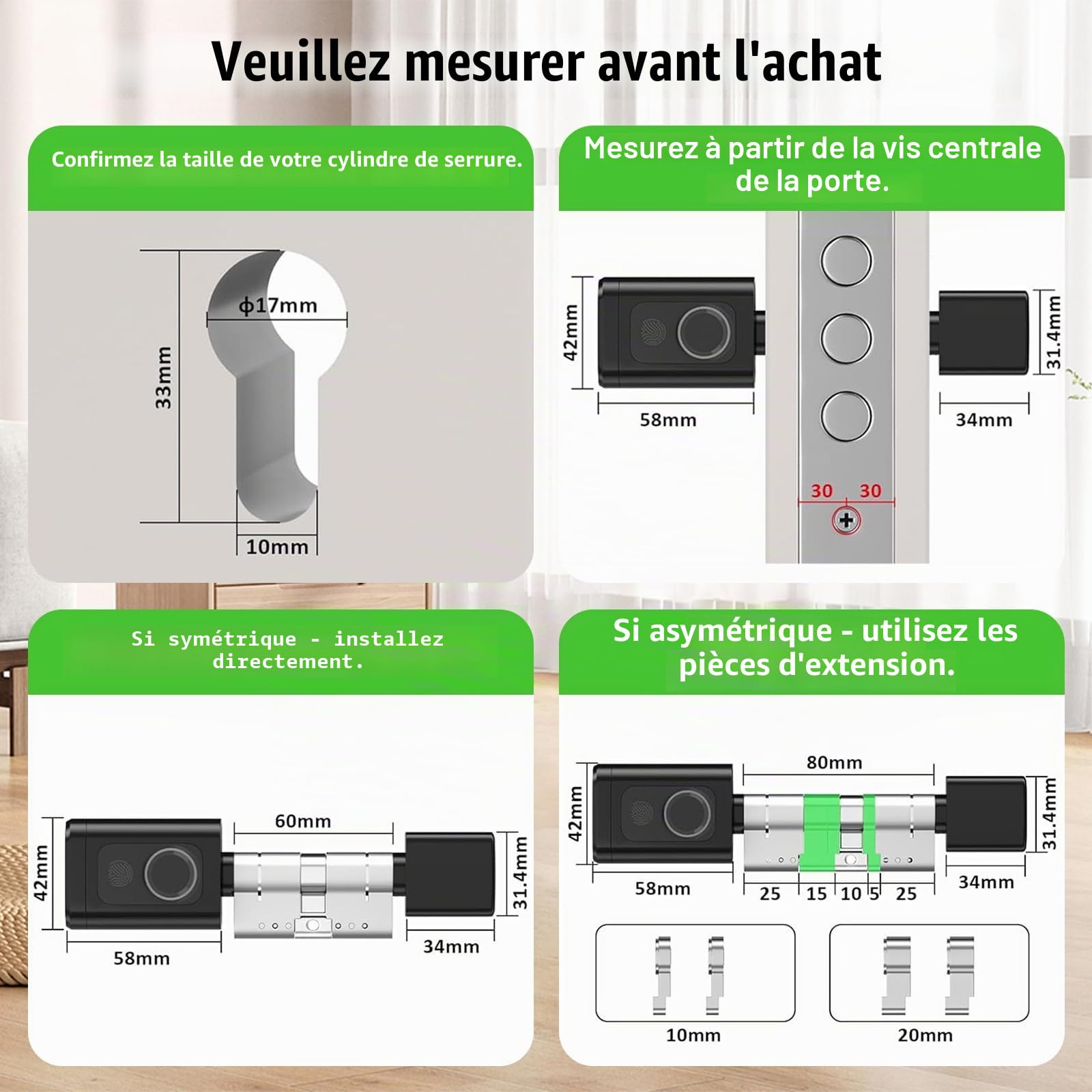 Serrure Connectée 5 en 1, Serrure de Porte avec Cylindre Réglable 60–90 mm, Déverrouillage par Empreinte, Code, Carte RFID, Tuya App, Bluetooth et Clé, Mode Invité & Mot de Passe Unique
