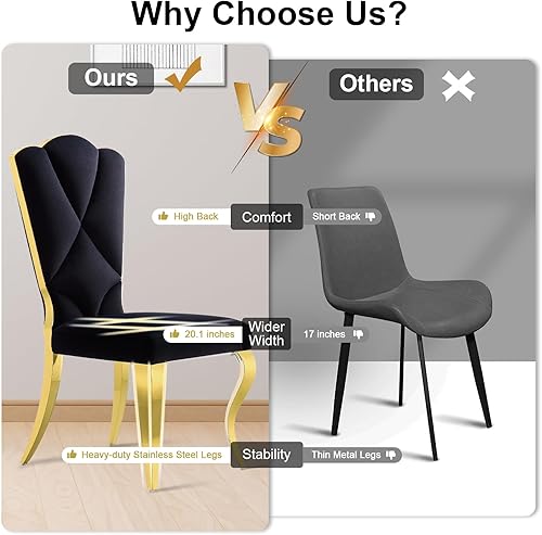 Miniatura 8 de Juego de 4 sillas de comedor de terciopelo negro, sillas de cocina tapizadas con respaldo alto con patas de metal pulido dorado, sillas de comedor