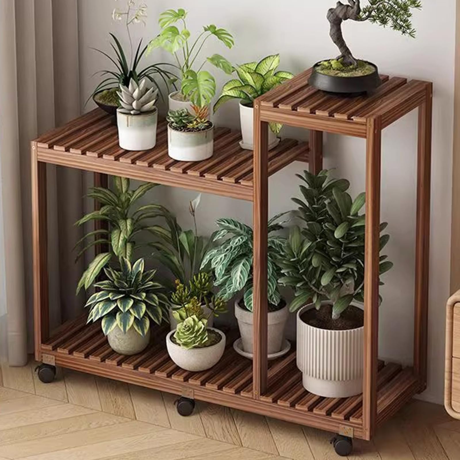 Support à plantes à plusieurs niveaux en bois avec roulettes de jardin